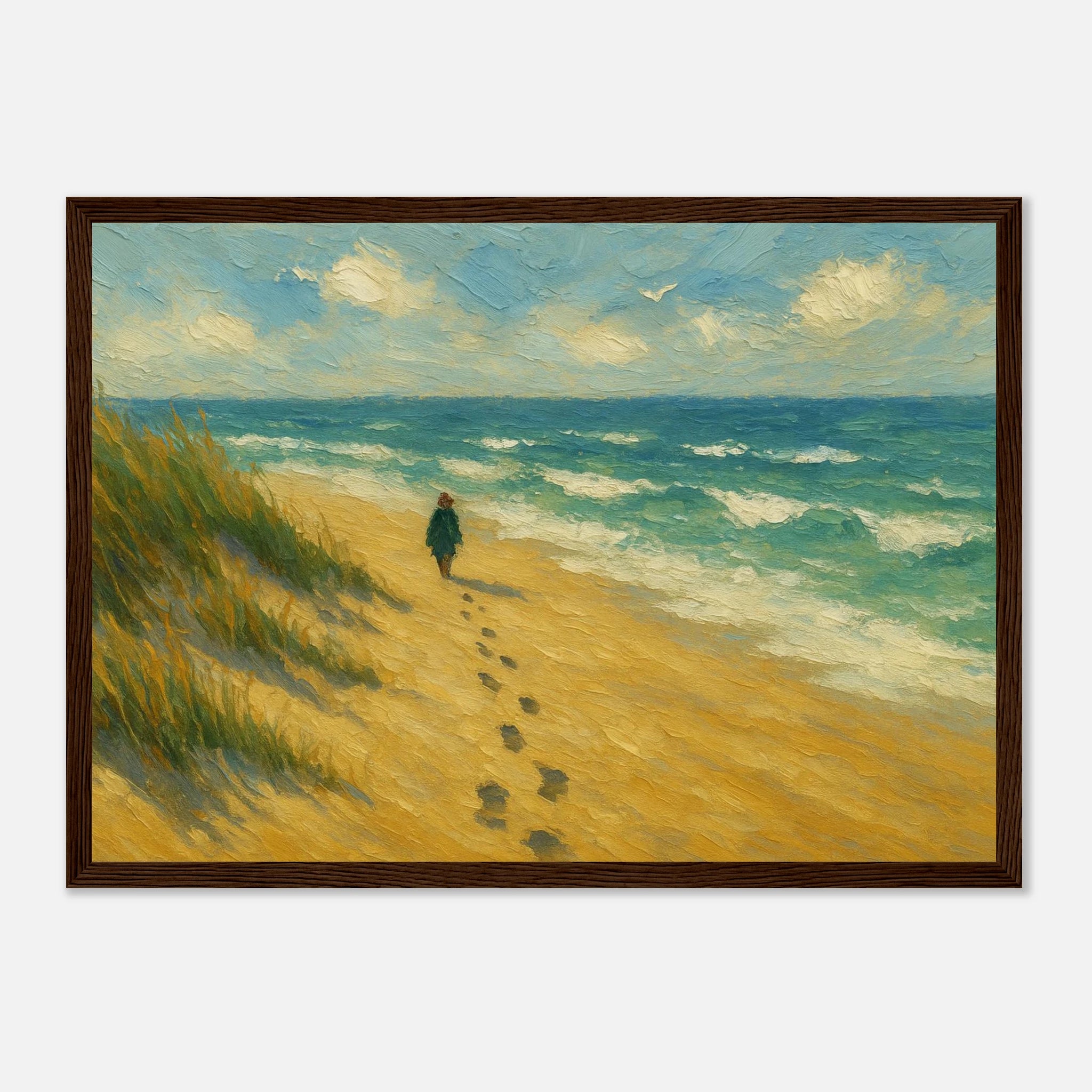 Dark wood frame A3 (29.7 x 42 cm) - “Coastal Solitude” | Peaceful Beach Walk - Play By Print