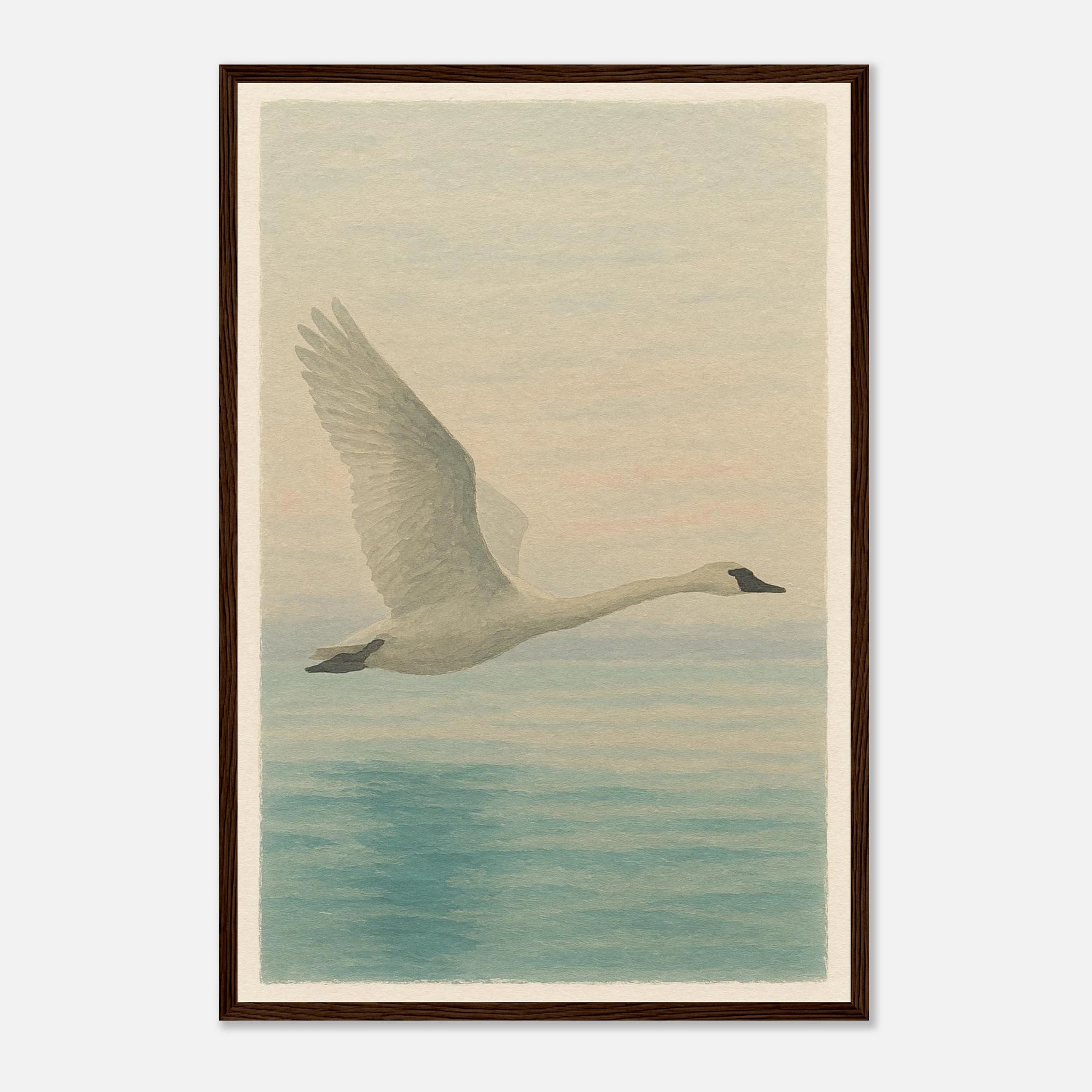 Dark wood frame 40x60 cm 16x24″ - Grace in Flight – Watercolour Swan Over Calm Waters - Play By Print