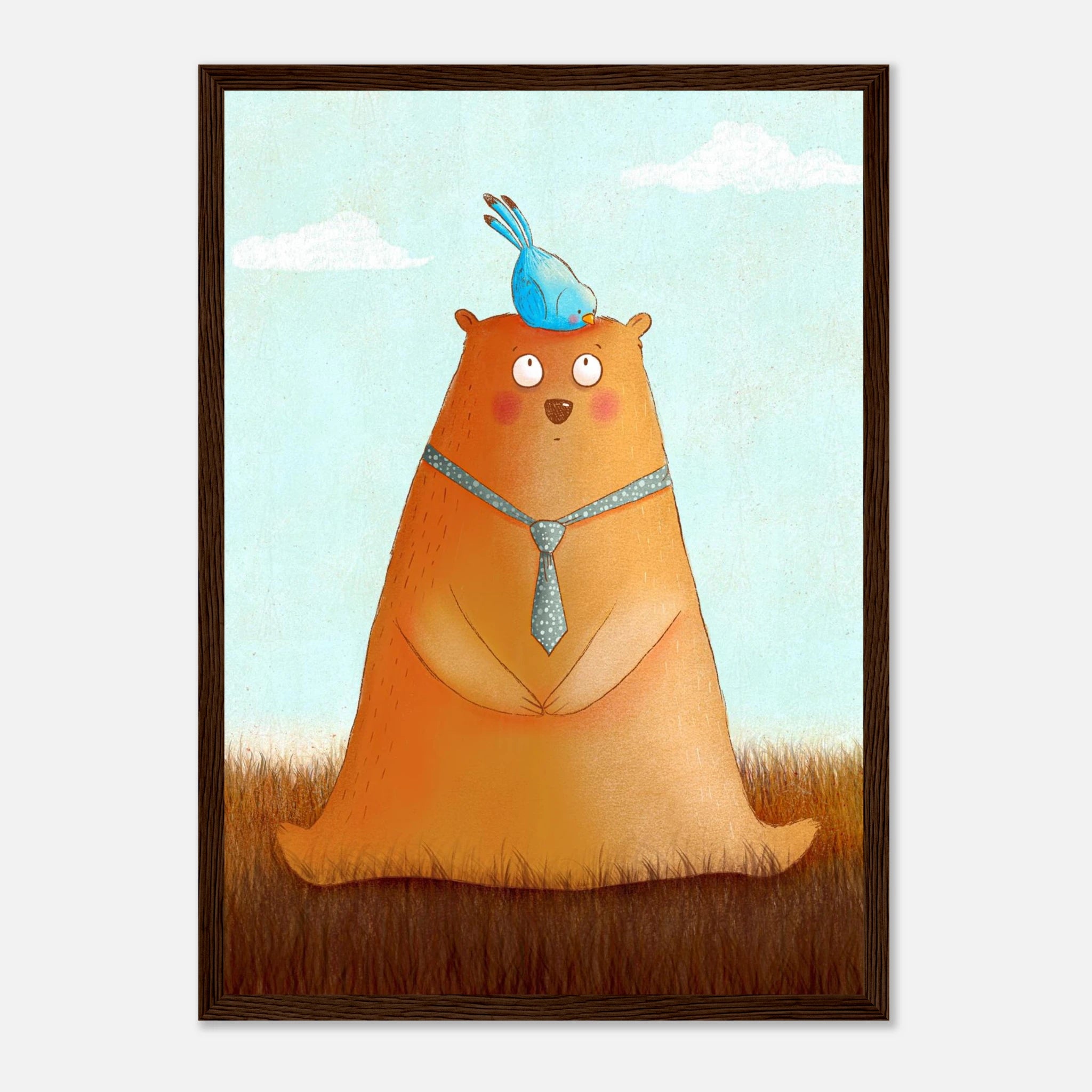 Dark wood frame A3 (29.7 x 42 cm) - Bear and Bird Nursery Print | Whimsical Animal Wall Art for Kids’ Rooms - Iris