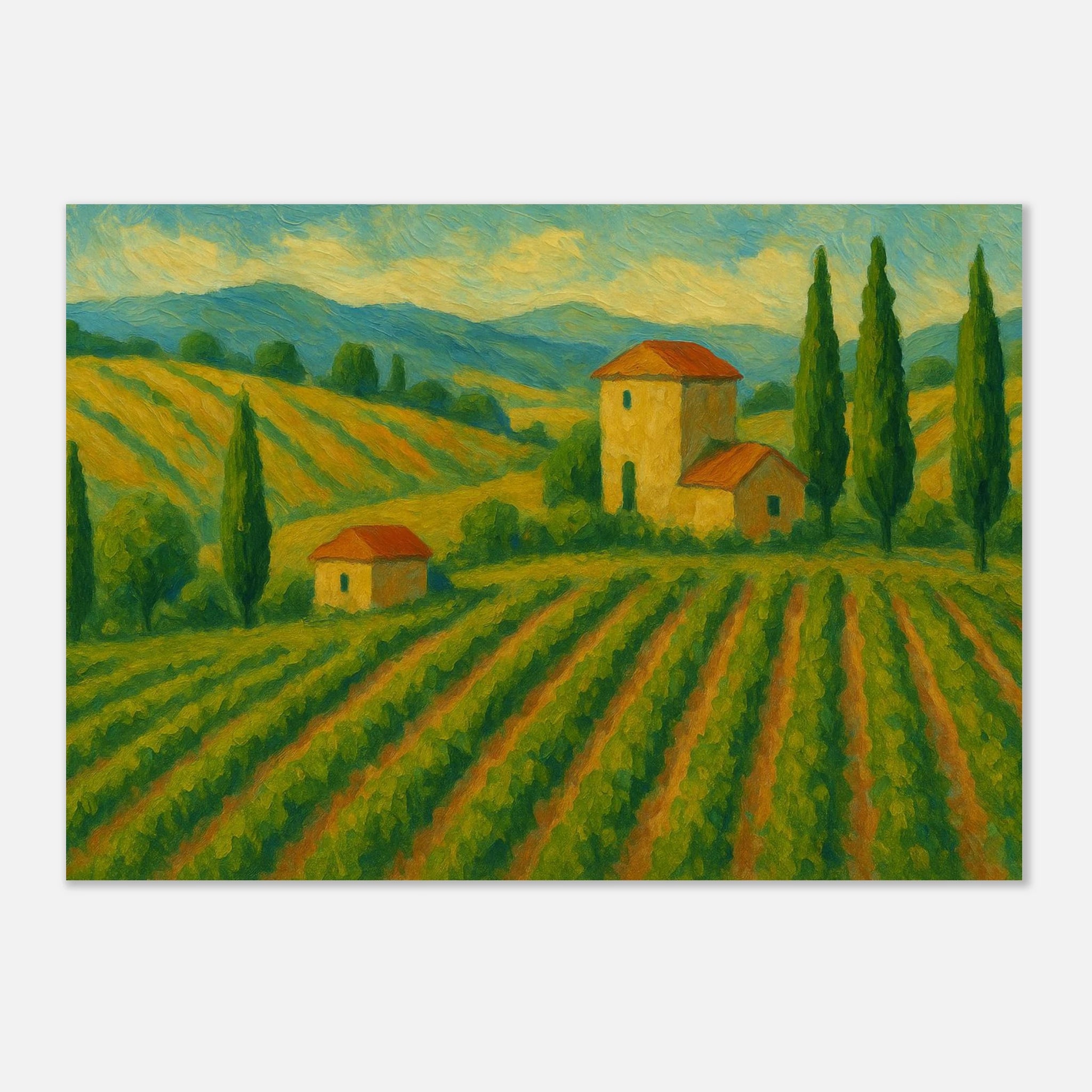 Unframed A3 (29.7 x 42 cm) - Tuscan Serenity – Golden Vineyard Landscape Wall Art Print - Play By Print