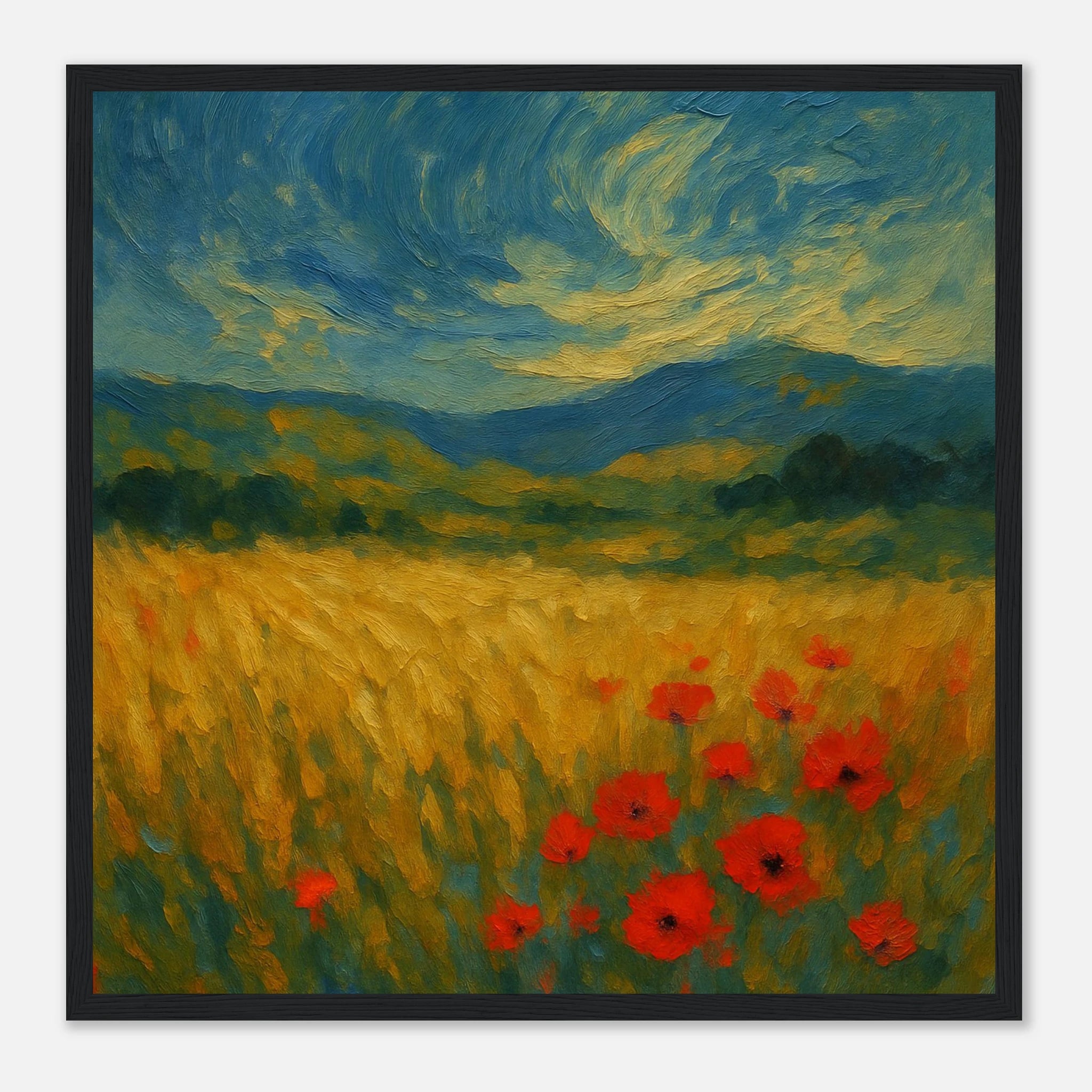 Black frame 40x40 cm 16x16″ - “Whispers in the Wheat” | Dreamy Poppy Field Landscape - Play By Print