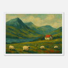 White frame A3 (29.7 x 42 cm) - Hillside Haze – Countryside Sheep & Cottage Wall Art Print - Play By Print