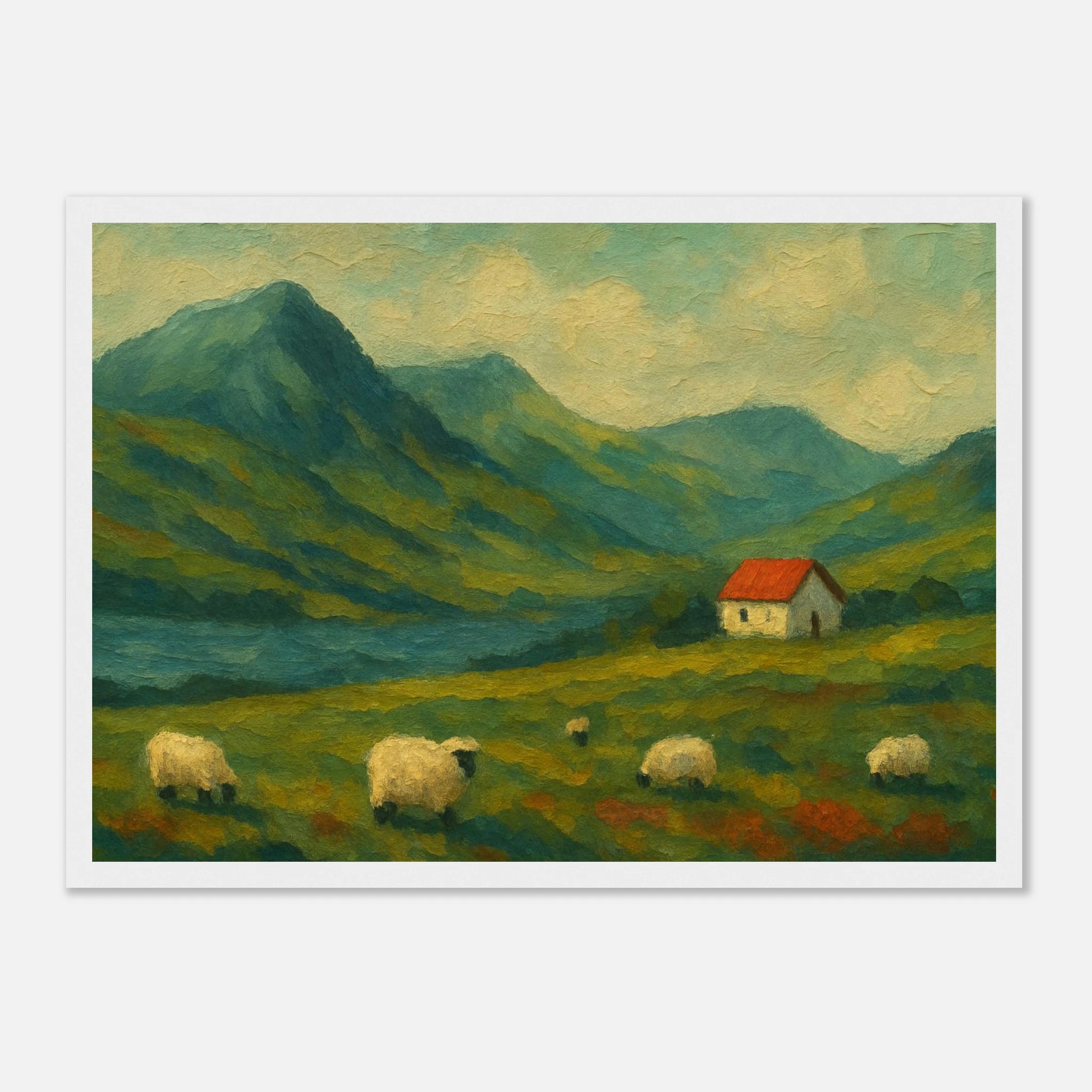White frame A3 (29.7 x 42 cm) - Hillside Haze – Countryside Sheep & Cottage Wall Art Print - Play By Print