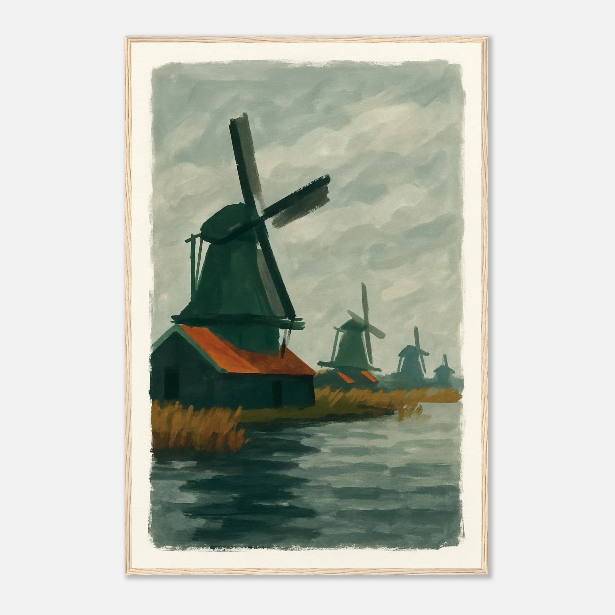 Wood frame 60x90 cm 24x36″ - Dutch Windmills at Zaandam – Gouache-Style Art Print - Play By Print