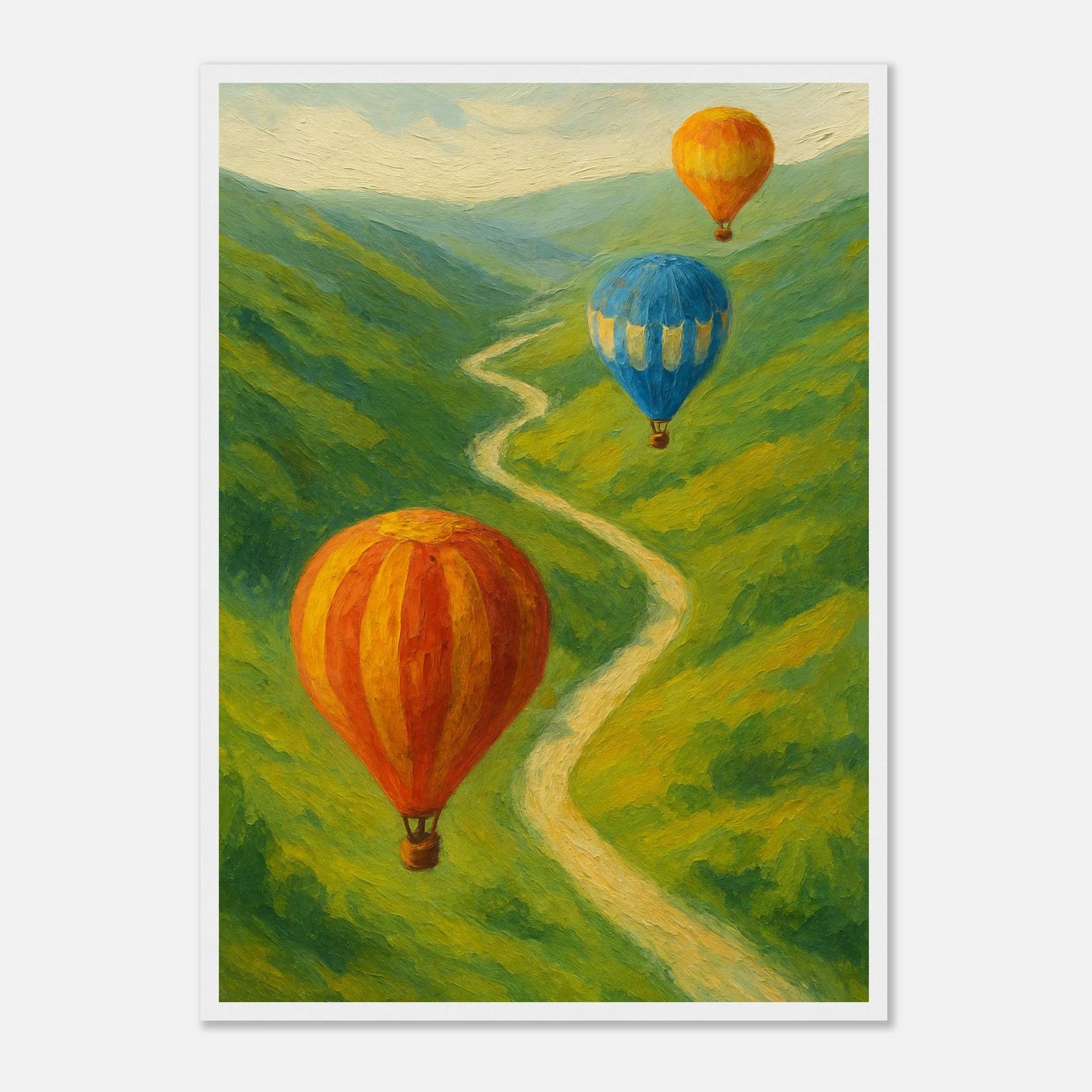 White frame A2 (42 x 59.4 cm) - Up & Away – Hot Air Balloons Over Green Hills Wall Art Print - Play By Print
