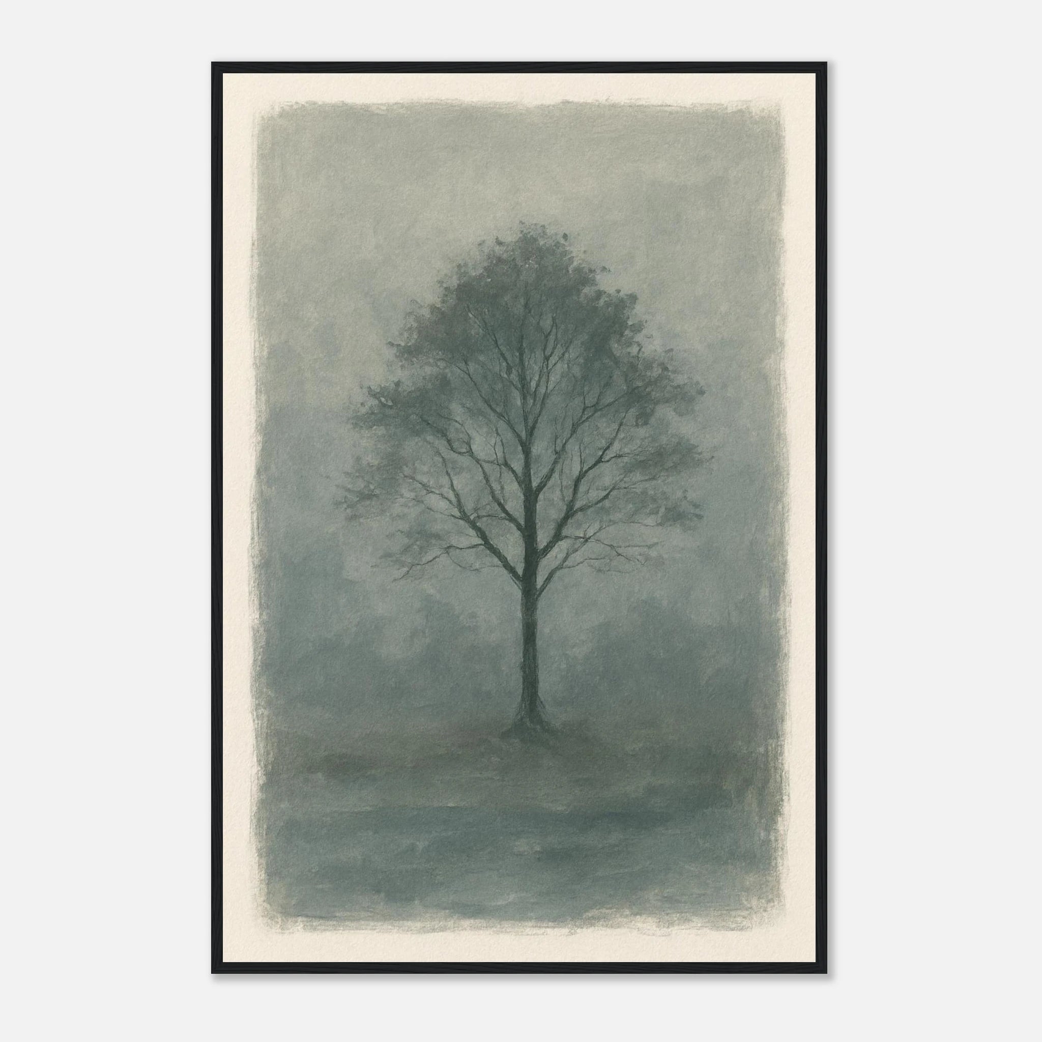 Black frame 60x90 cm 24x36″ - Misty Monochrome Tree – Minimalist Landscape Art Print - Play By Print