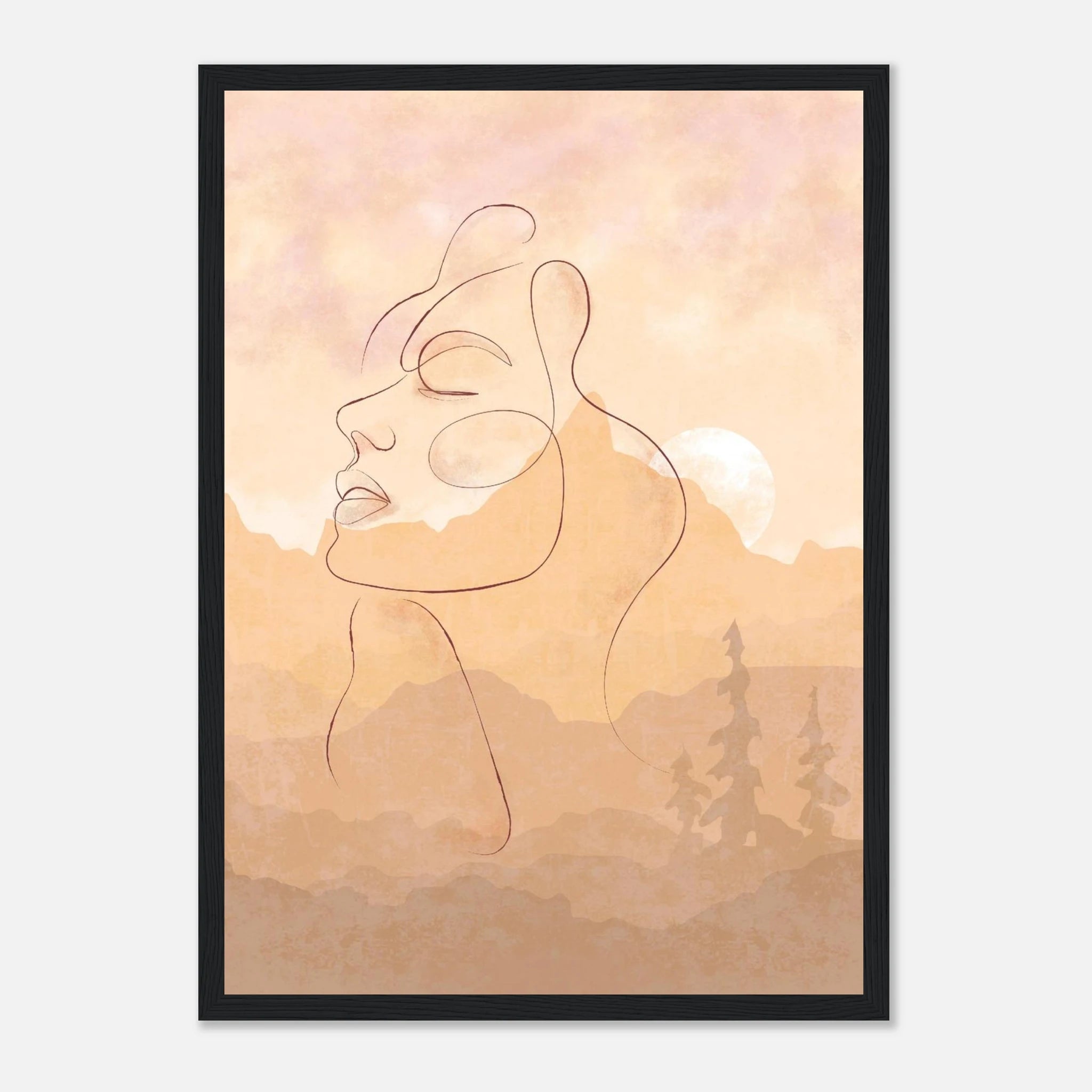 Black frame - Sunset Muse – Minimal Line Art Portrait with Blush Mountain Landscape - Daisy