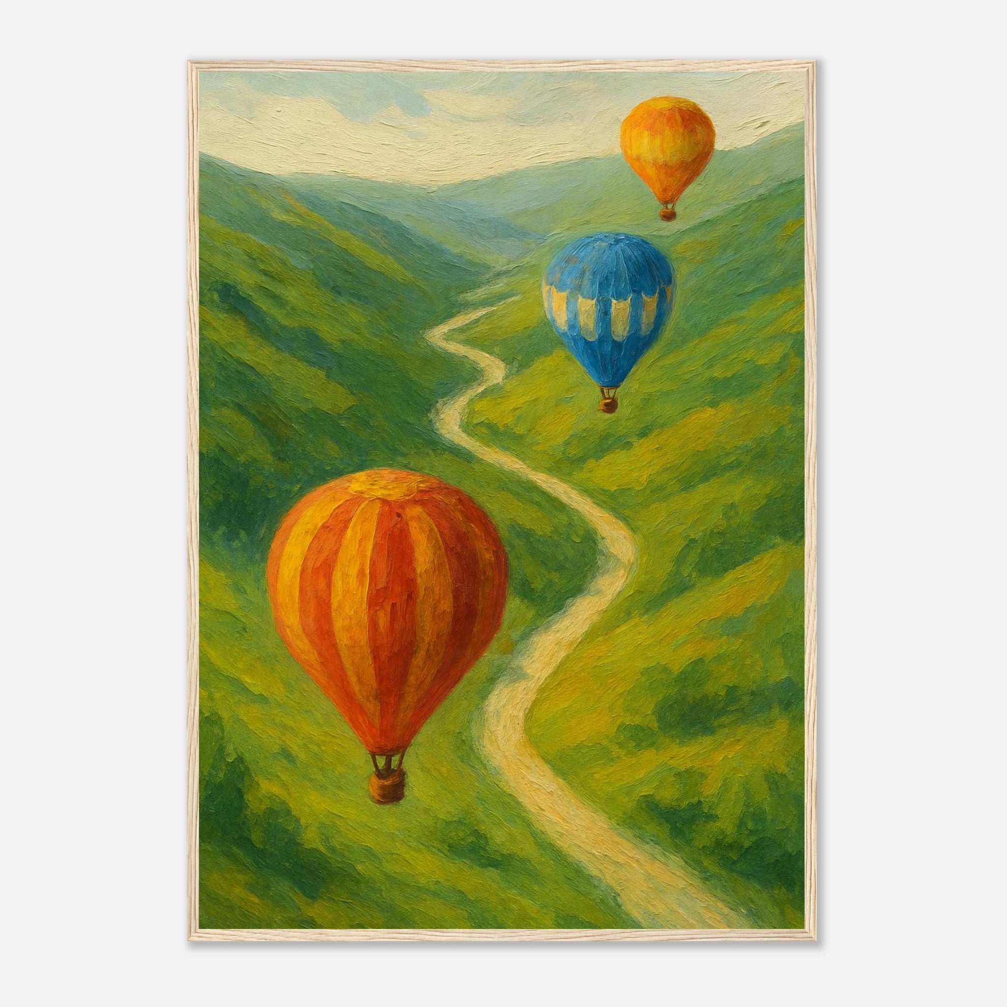 Wood frame A1 (59.4 x 84.1 cm) - Up & Away – Hot Air Balloons Over Green Hills Wall Art Print - Play By Print