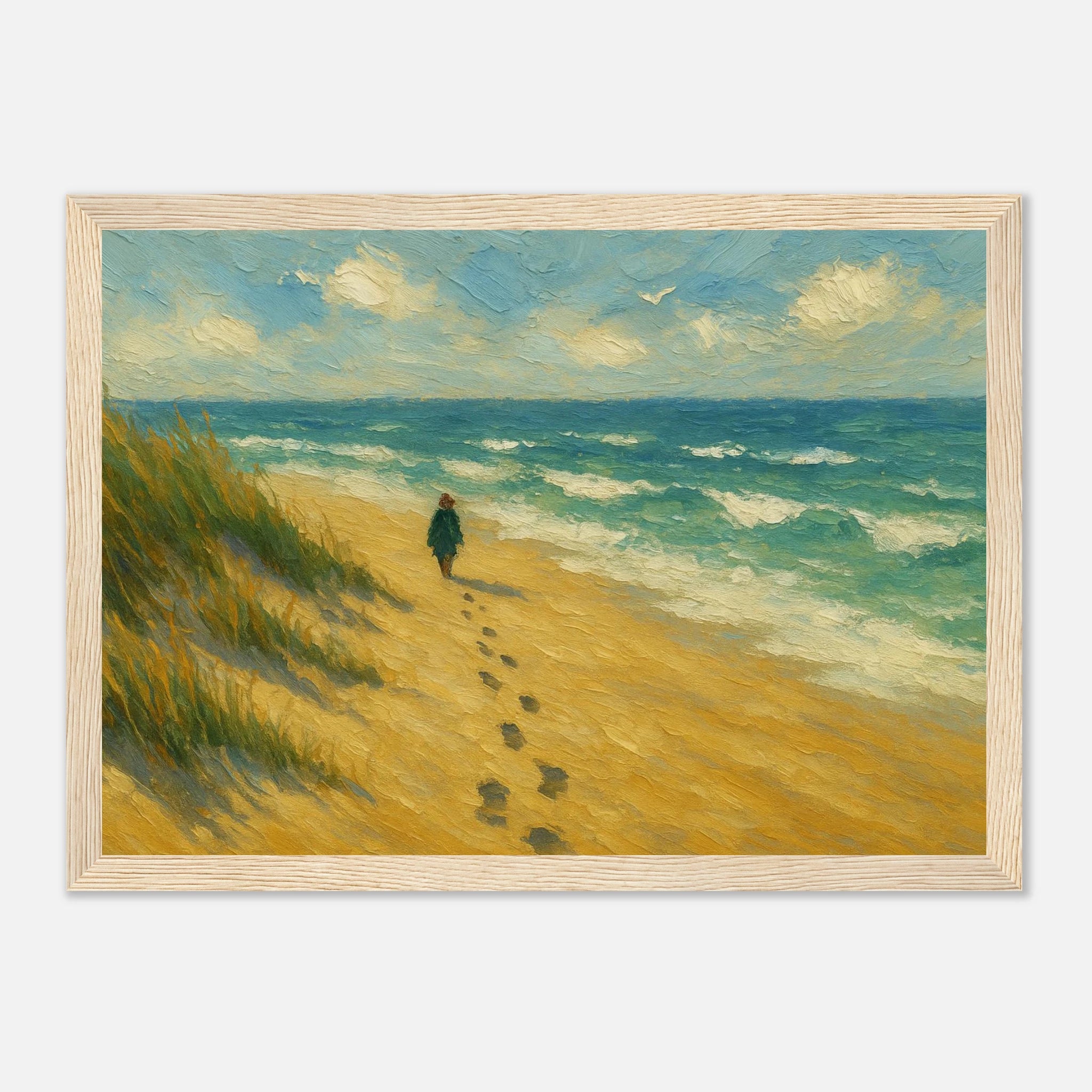 Wood frame 21x29.7 cm 8x12" - “Coastal Solitude” | Peaceful Beach Walk - Play By Print