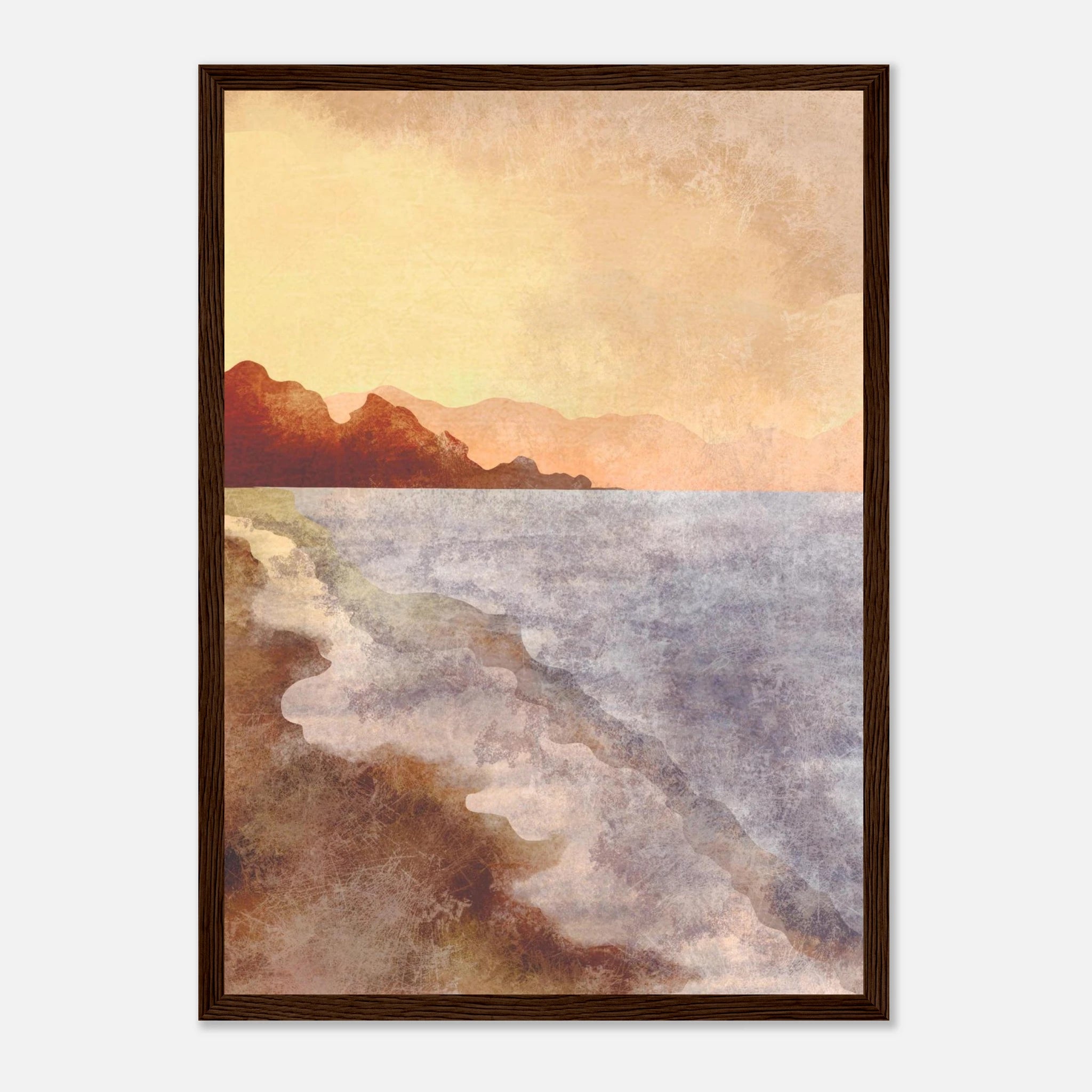 Dark wood frame - Golden Coastline – Watercolour Sunset Seascape Art Print - Daisy