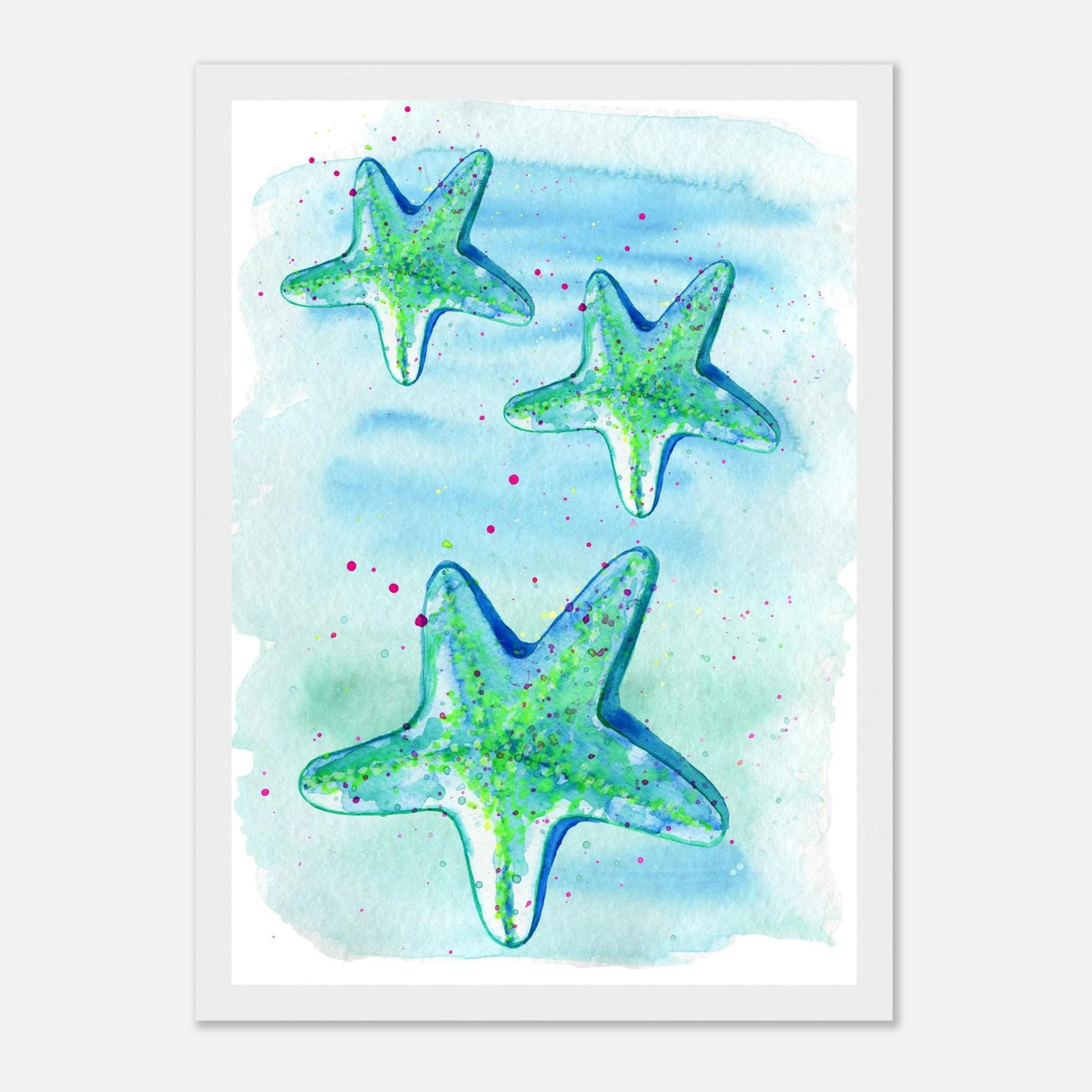 White frame A4 (21x29.7 cm 8x12") - Tide Treasures – Watercolour Starfish Art Print 🌟🩵 - Play By Print