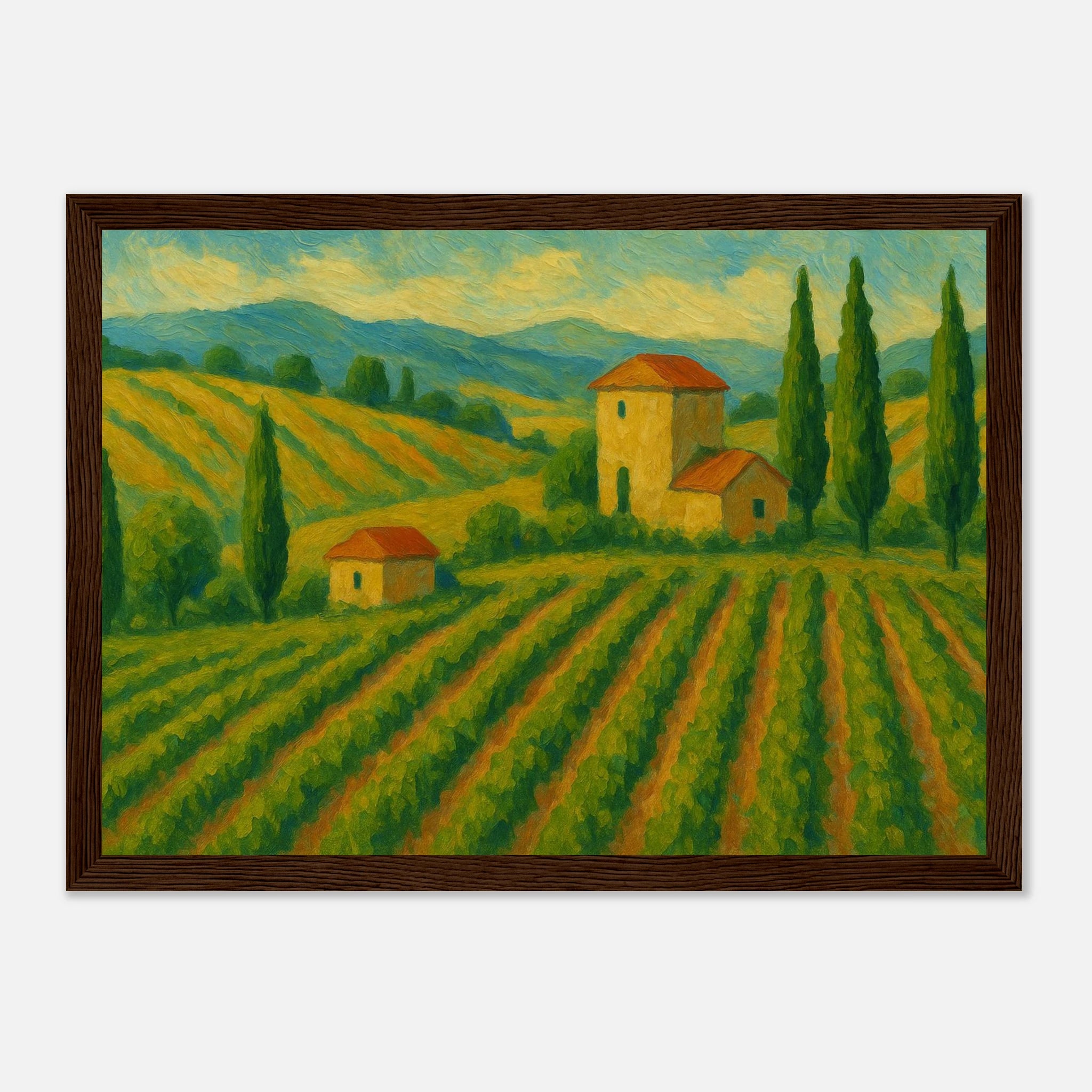 Dark wood frame 21x29.7 cm 8x12" - Tuscan Serenity – Golden Vineyard Landscape Wall Art Print - Play By Print
