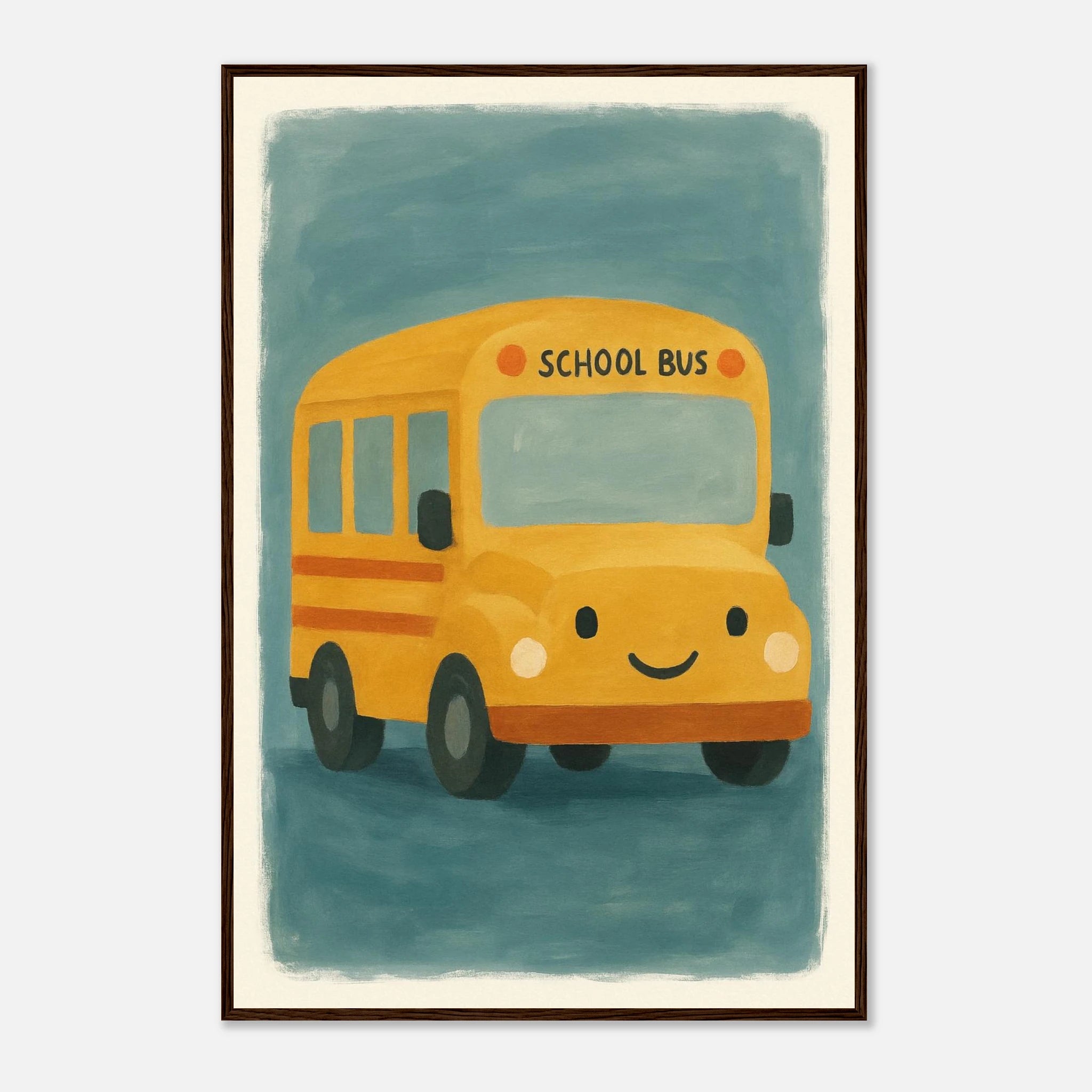 Dark wood frame 60x90 cm 24x36″ - Happy School Bus – Whimsical Nursery Art Print - Play By Print