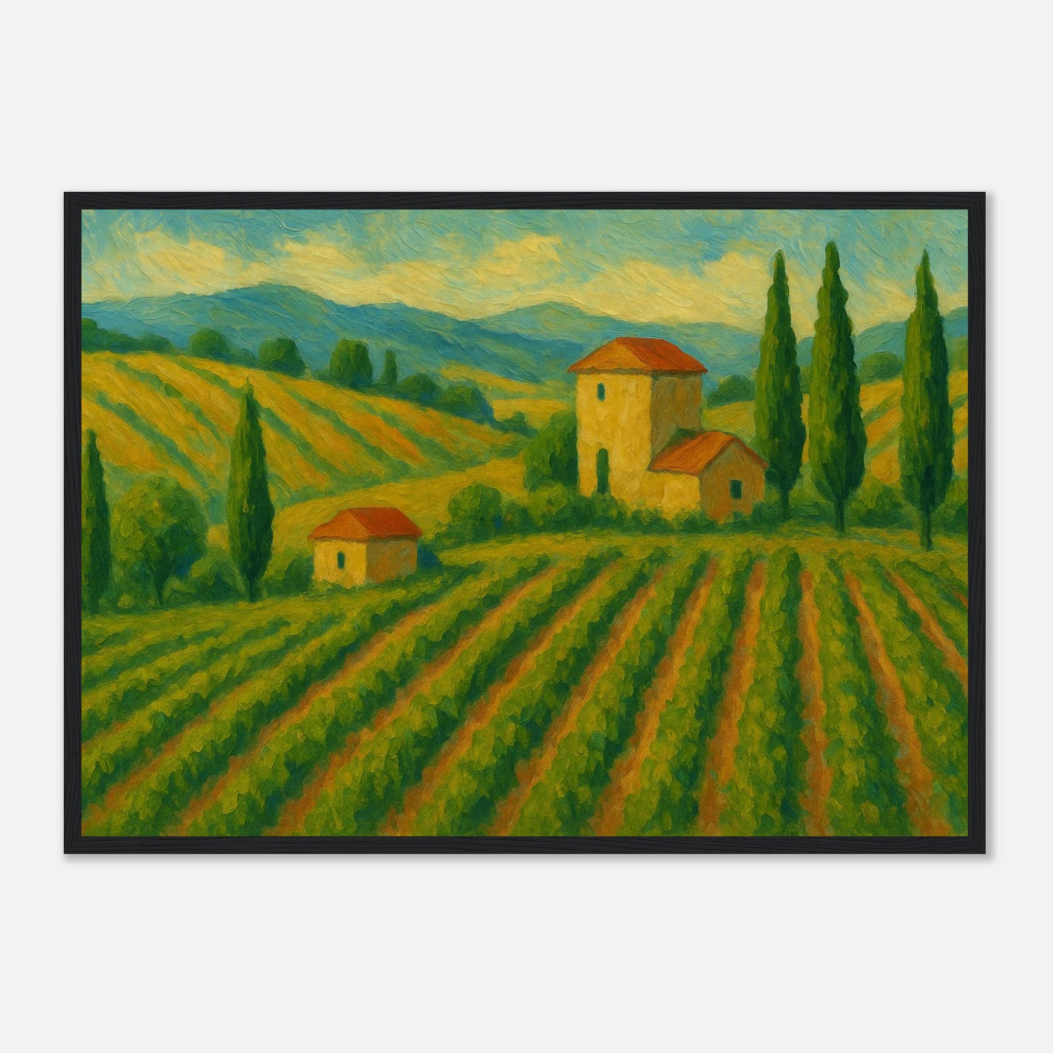 Black frame A2 (42 x 59.4 cm) - Tuscan Serenity – Golden Vineyard Landscape Wall Art Print - Play By Print