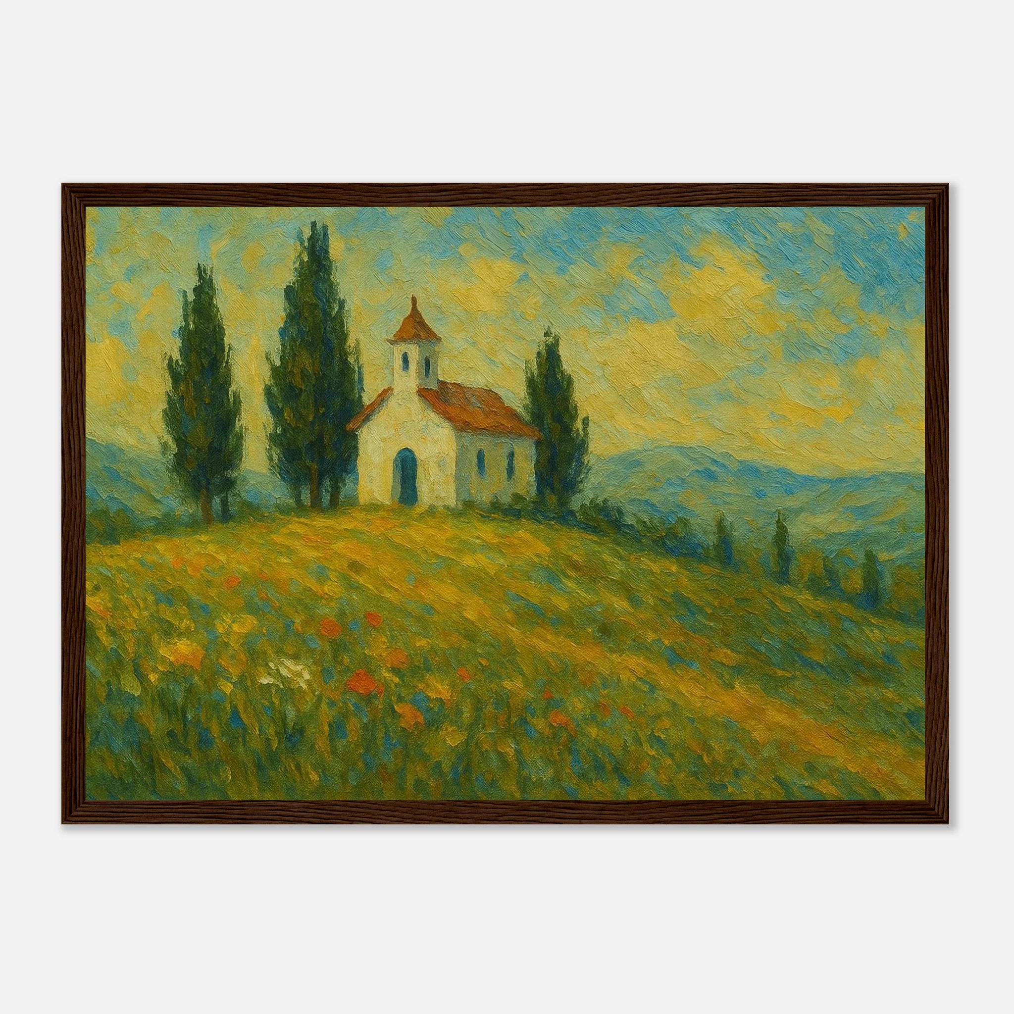 Dark wood frame A3 (29.7 x 42 cm) - “Chapel on the Hill” | Countryside Church Landscape Print - Play By Print