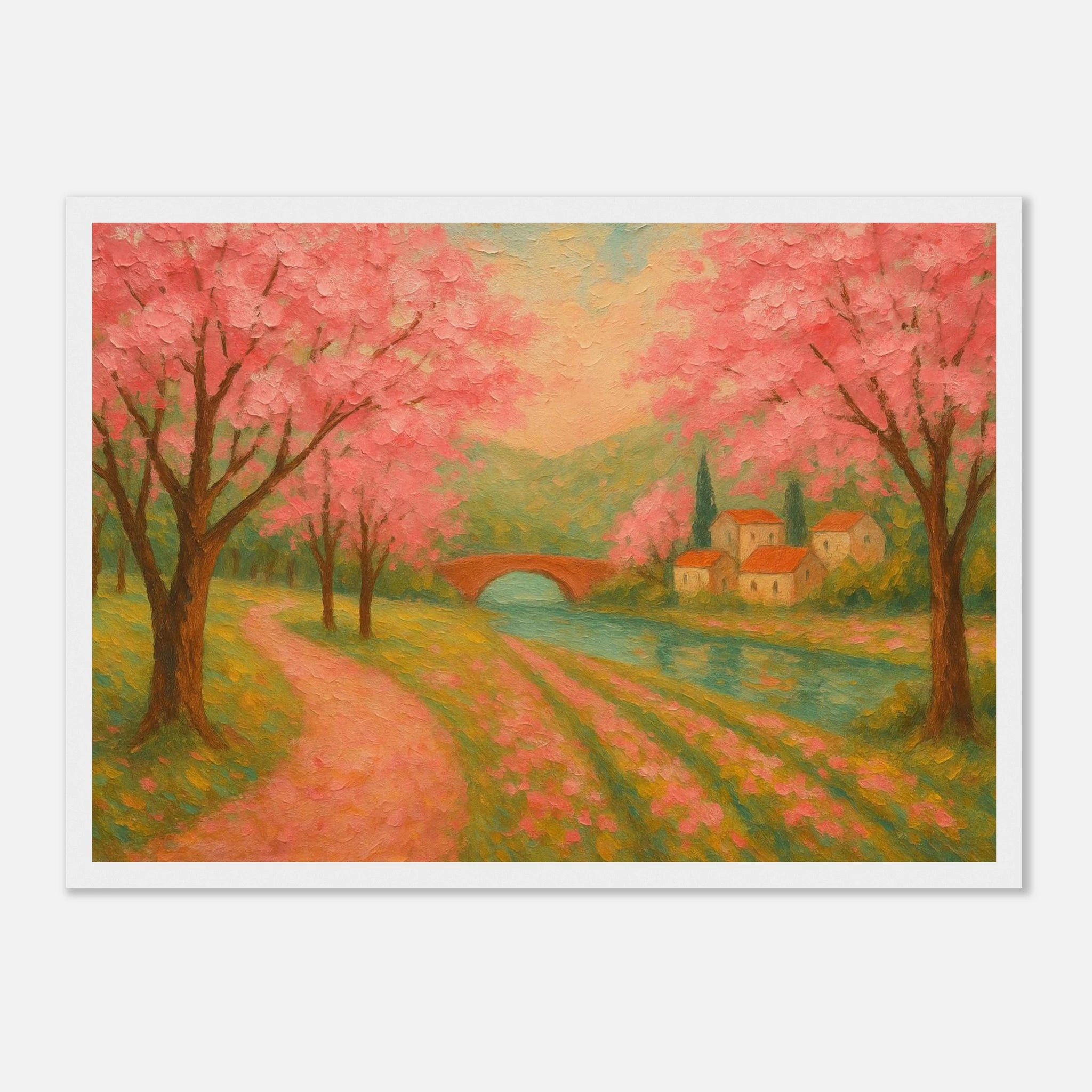 White frame A3 (29.7 x 42 cm) - Spring Cherry Blossom Lane – Pink Blossoms by the River Art Print - Play By Print