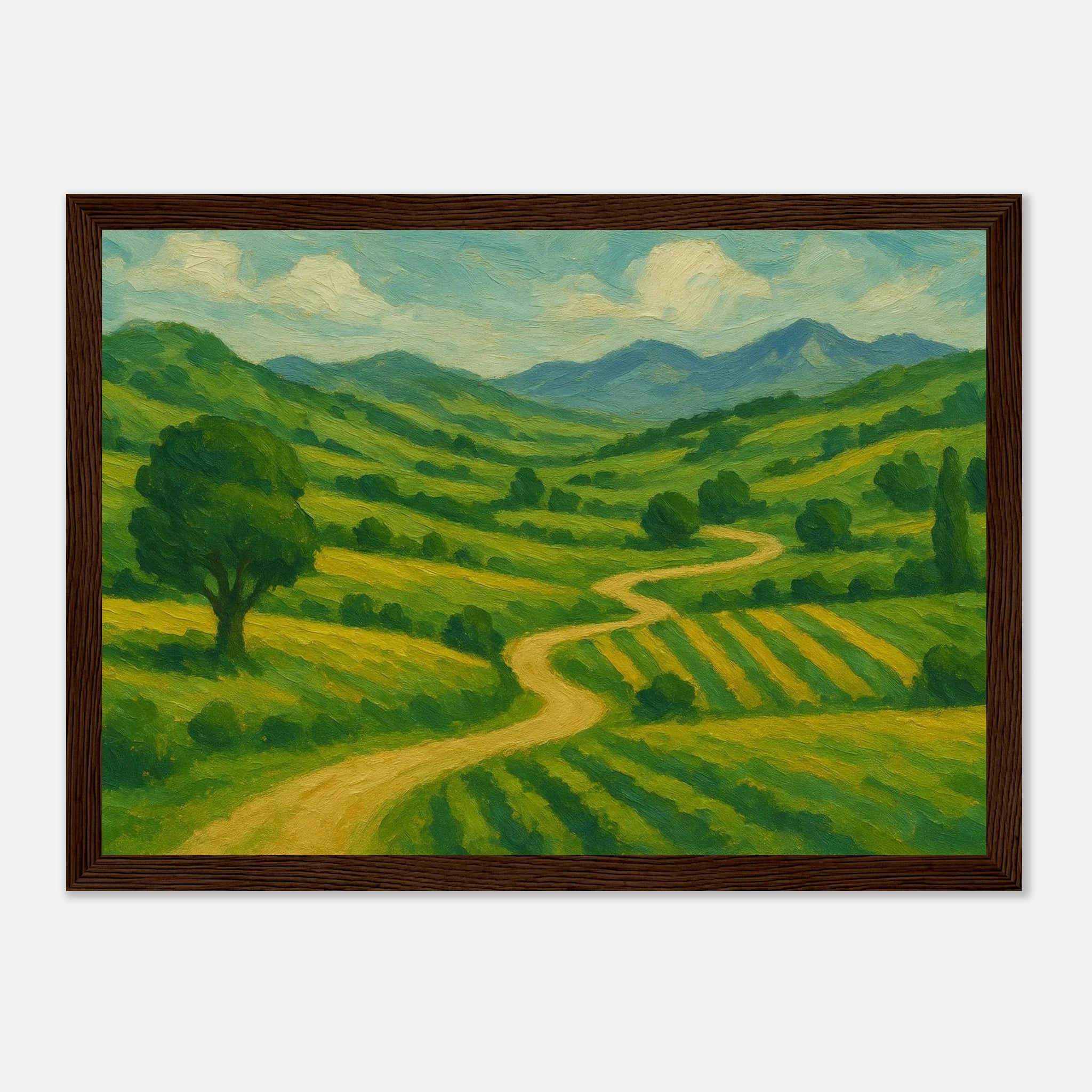 Dark wood frame 21x29.7 cm 8x12" - “Winding Through Green” | Rolling Hills Countryside Print - Play By Print