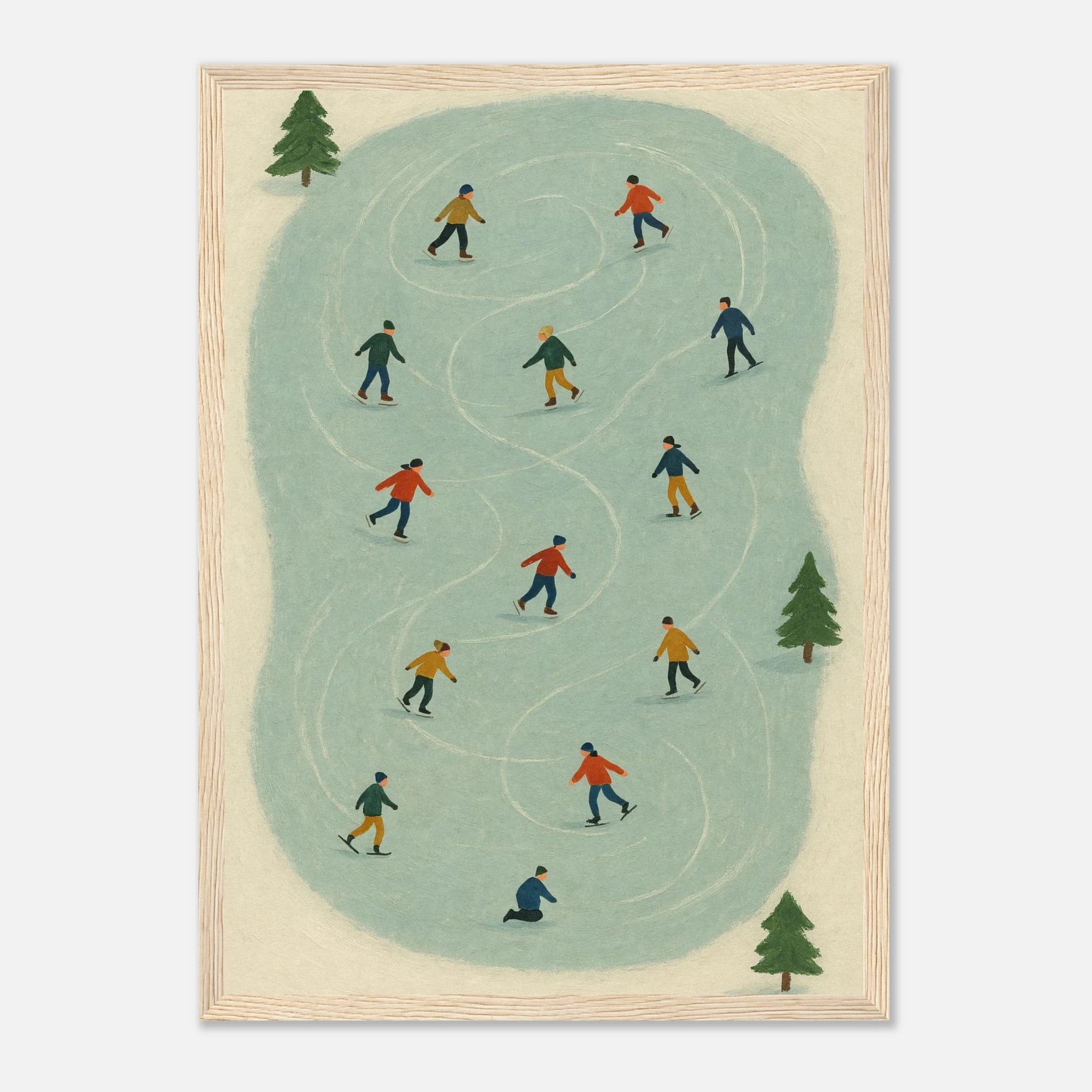 Wood frame A3 (29.7 x 42 cm) - Winter Ice Skating Print | Whimsical Folk Art Style - Play By Print