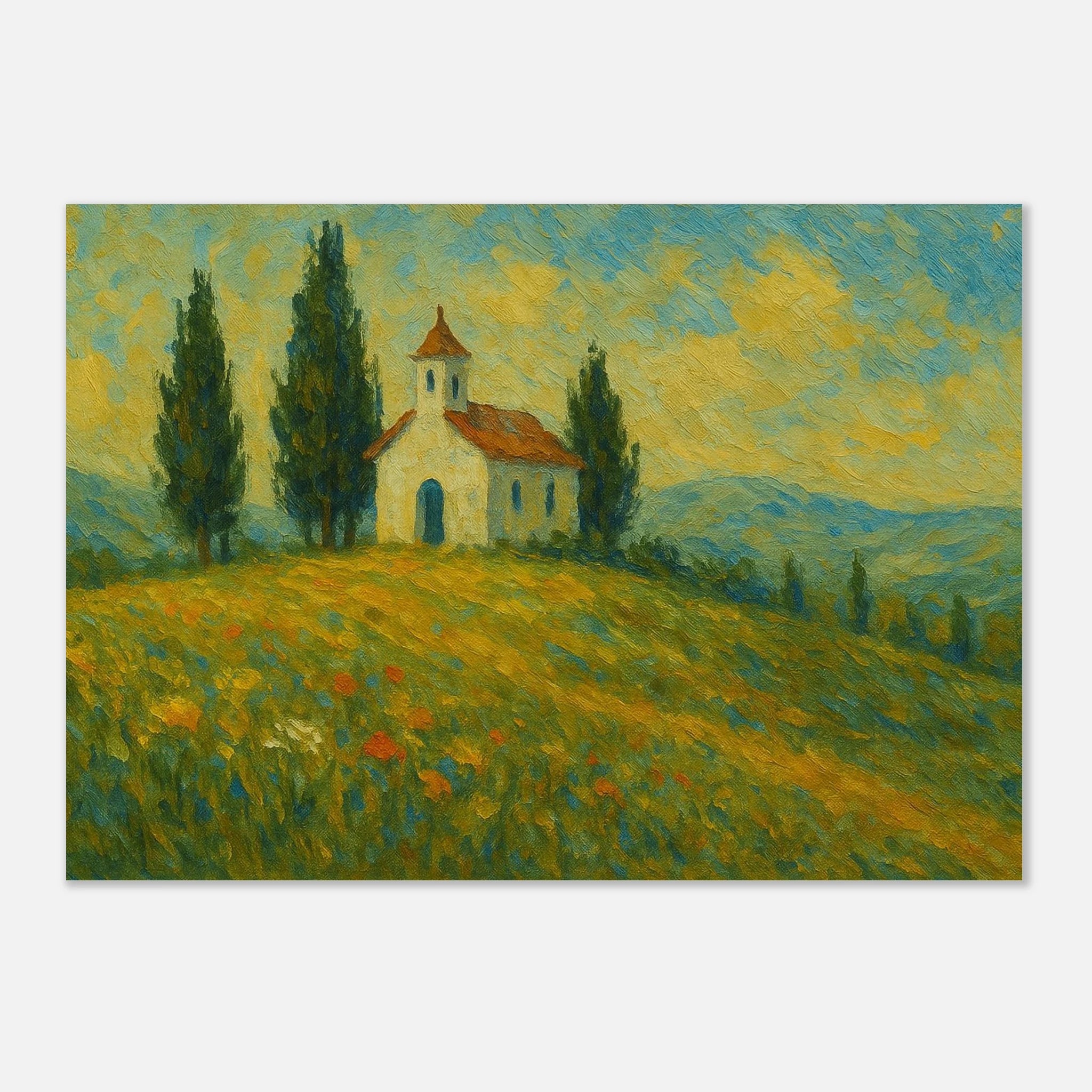 Unframed A3 (29.7 x 42 cm) - “Chapel on the Hill” | Countryside Church Landscape Print - Play By Print