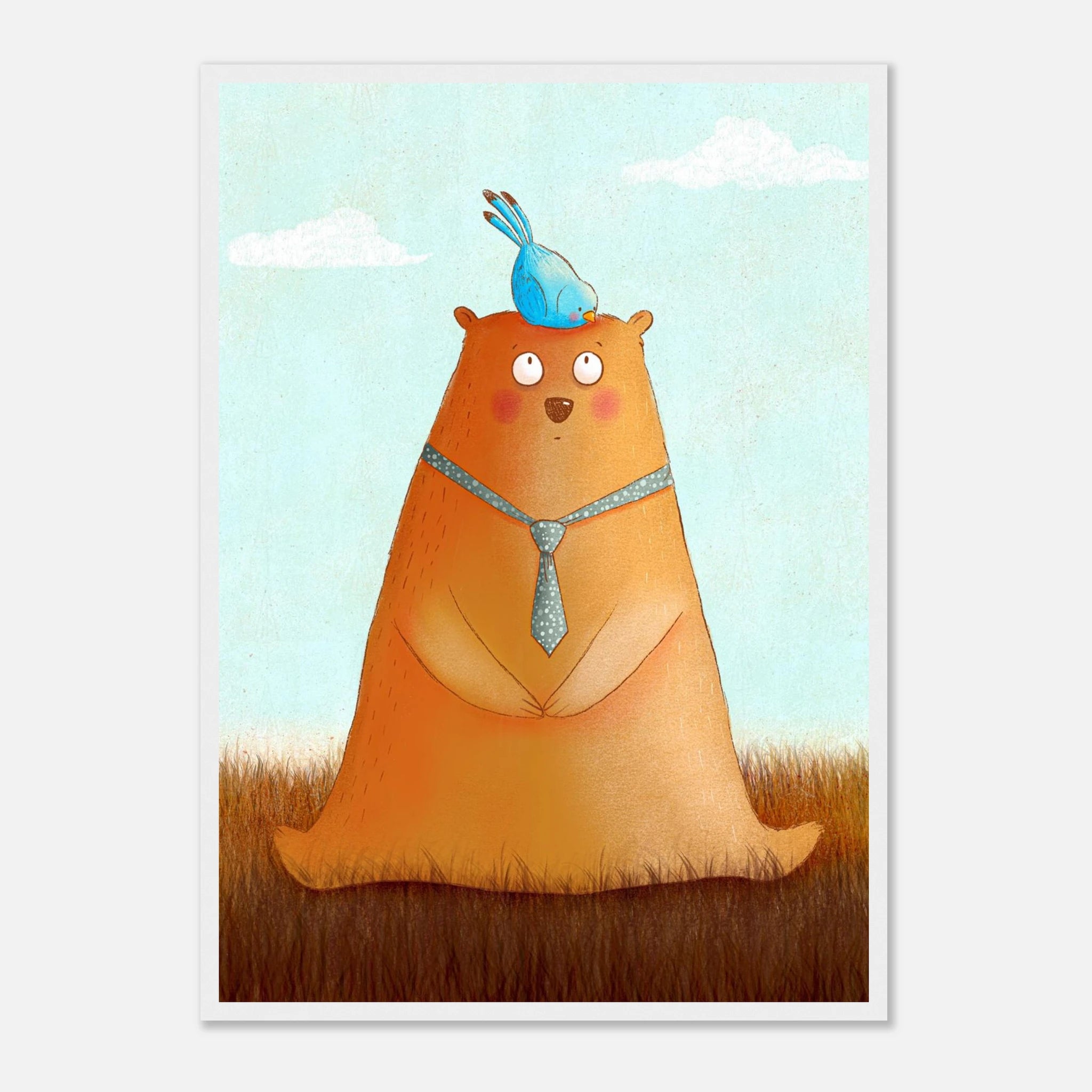 White frame A2 (42 x 59.4 cm) - Bear and Bird Nursery Print | Whimsical Animal Wall Art for Kids’ Rooms - Iris