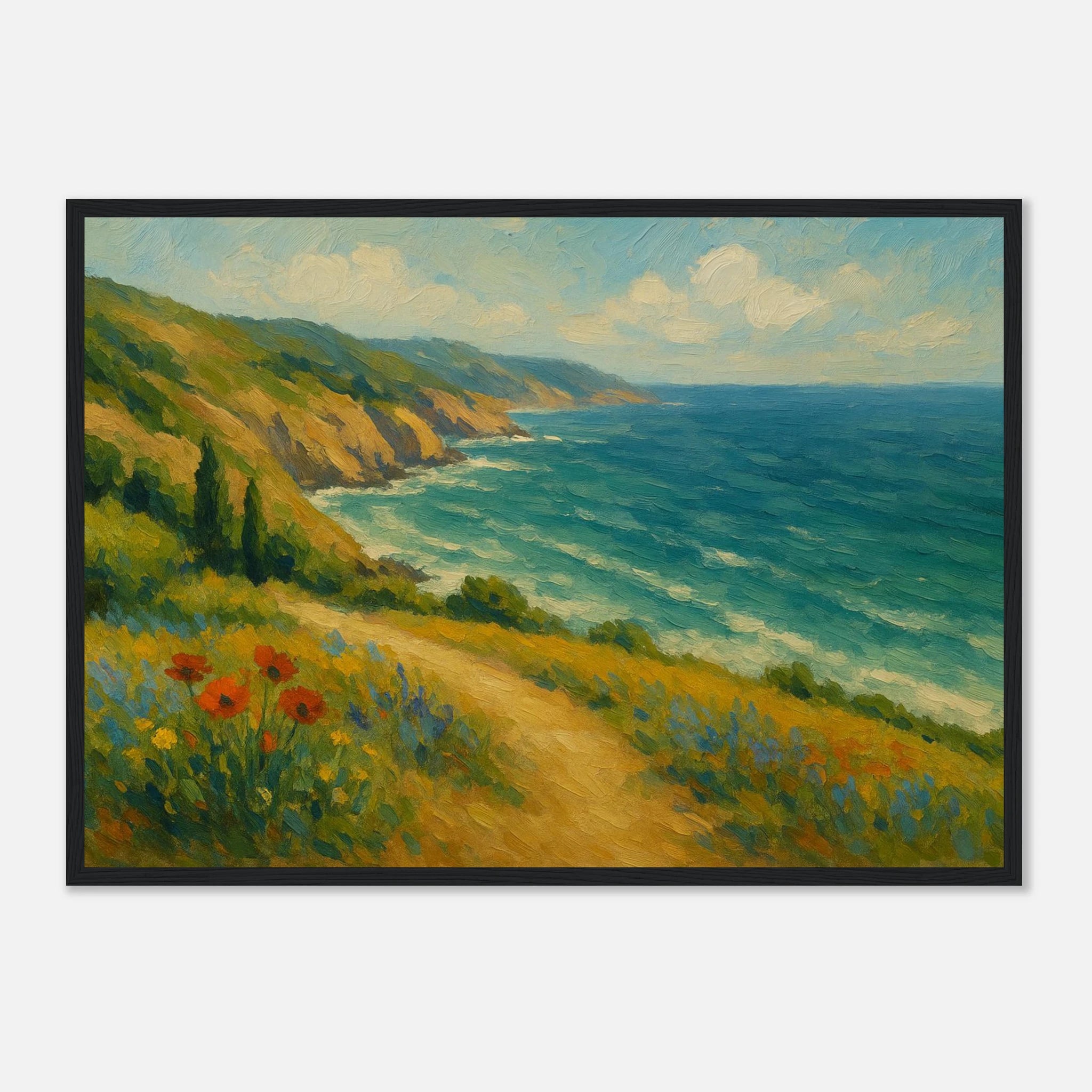 Black frame A2 (42 x 59.4 cm) - “Coastal Wildflowers & Whispering Waves” | Ocean Cliff Landscape - Play By Print