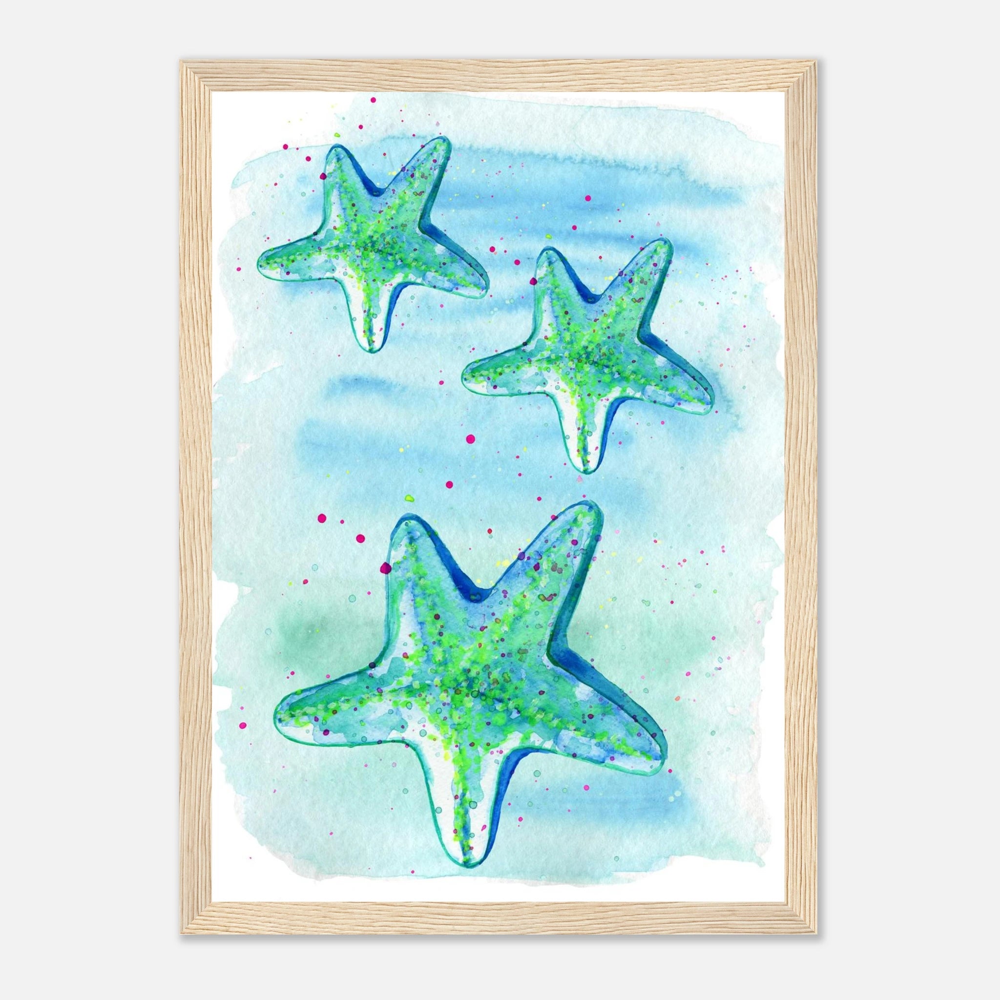 Wood frame A4 (21x29.7 cm 8x12") - Tide Treasures – Watercolour Starfish Art Print 🌟🩵 - Play By Print