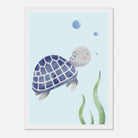 White frame A4 (21x29.7 cm 8x12") - Blue Sea Turtle Nursery Print | Watercolour Ocean Animal Wall Art for Kids - Iris