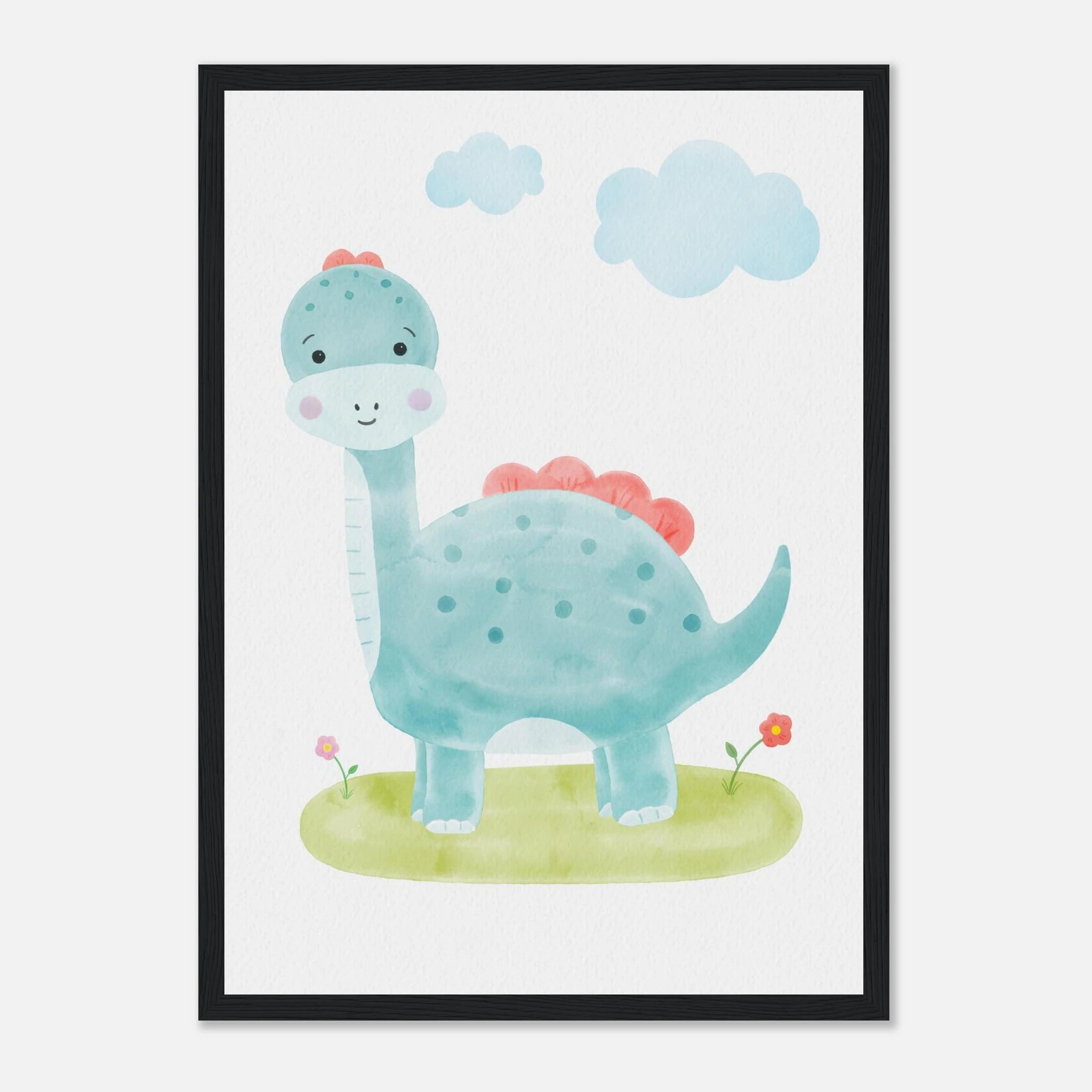 Black frame - Blue Dinosaur Nursery Print | Watercolour Brachiosaurus Wall Art for Kids - Iris