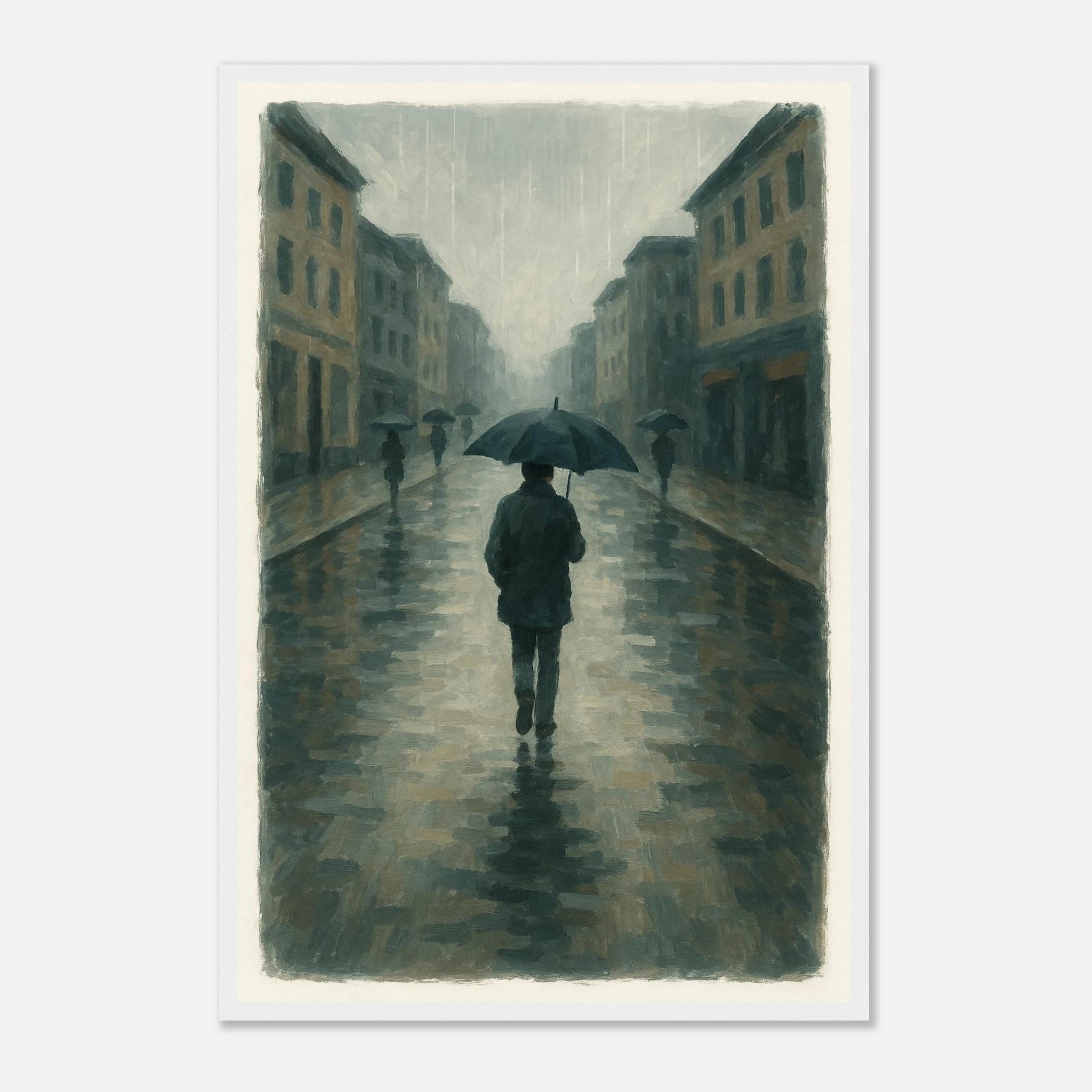 White frame 40x60 cm 16x24″ - Rainy City Walk – Gouache-Style Art Print - Play By Print