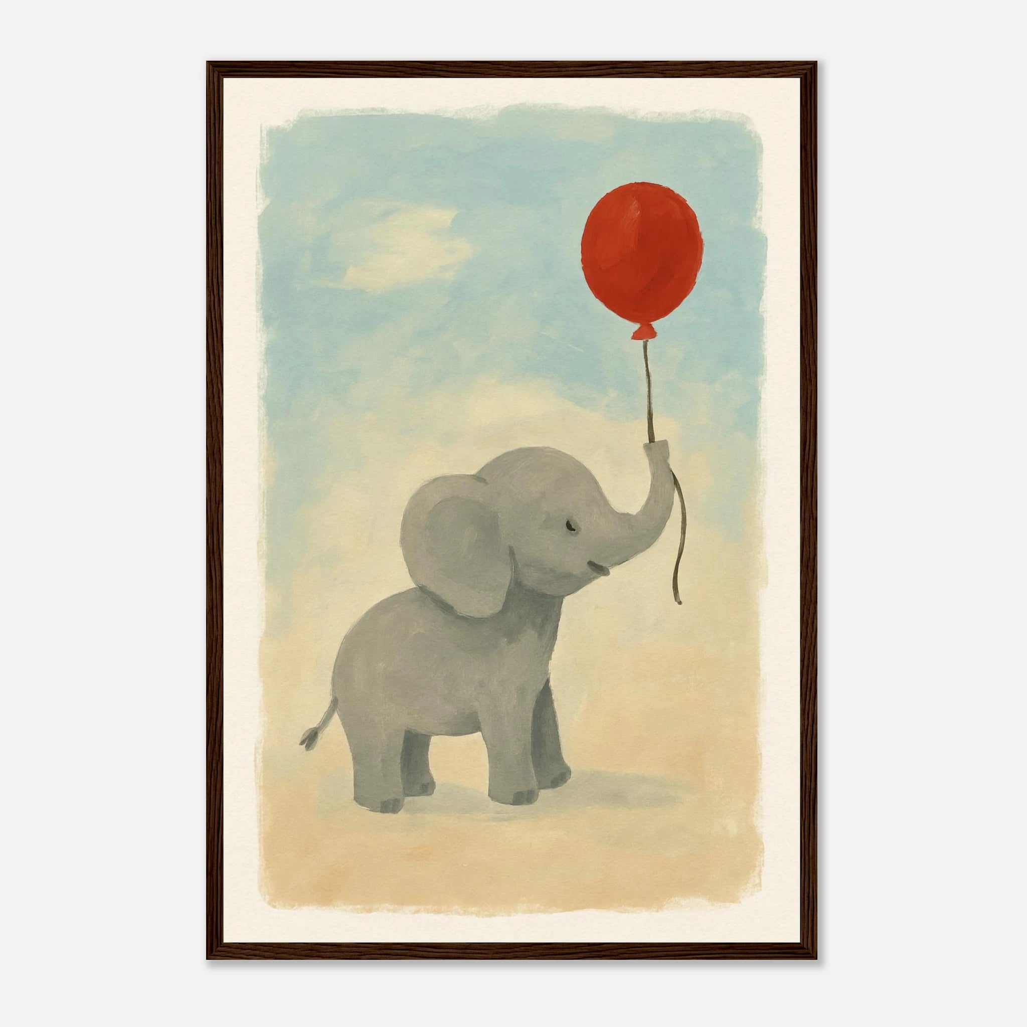 Dark wood frame 40x60 cm 16x24″ - Baby Elephant with Balloon – Gouache Nursery Art Print - Play By Print