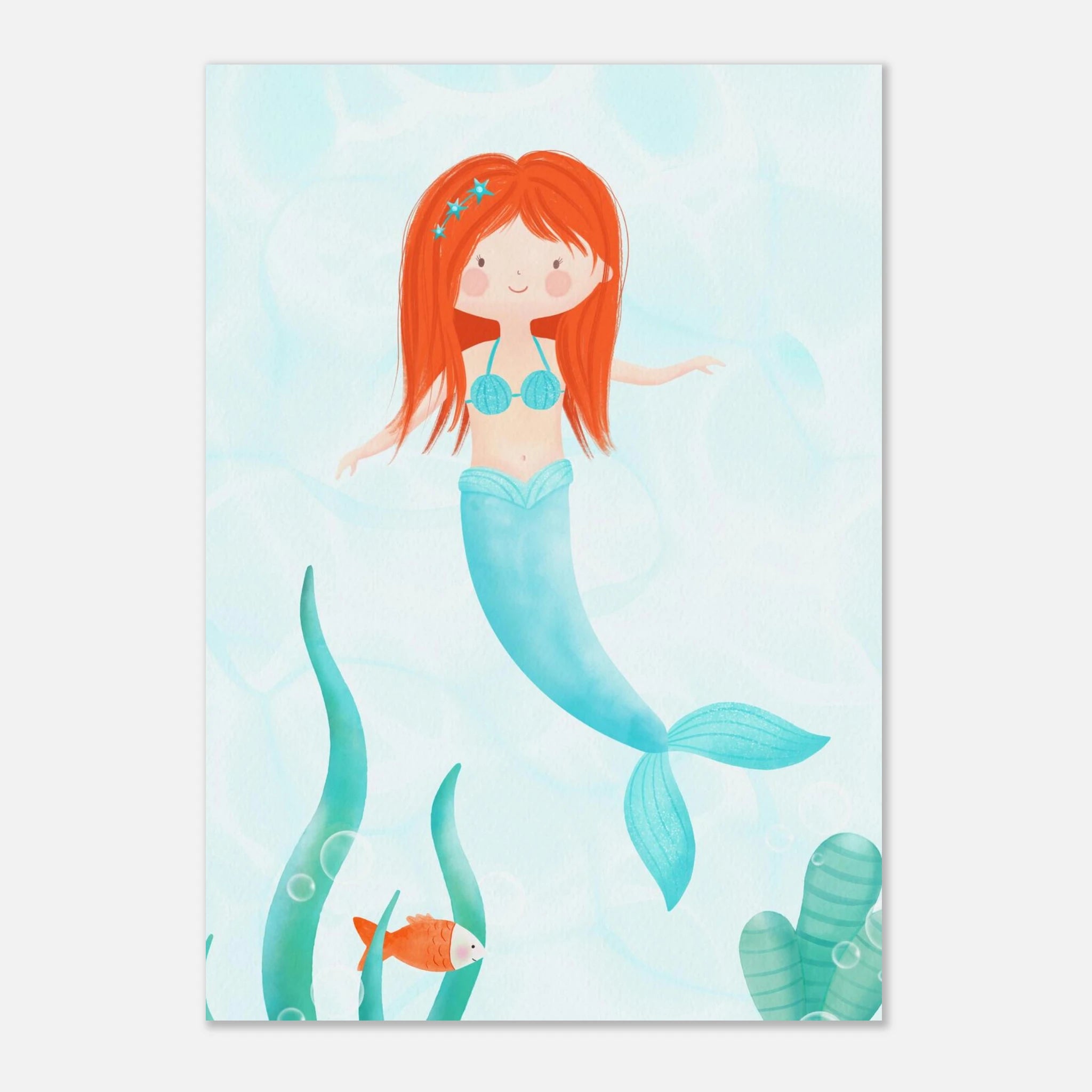 Unframed - Redhead Mermaid Wall Art | Watercolour Ocean Nursery Print for Girls - Iris