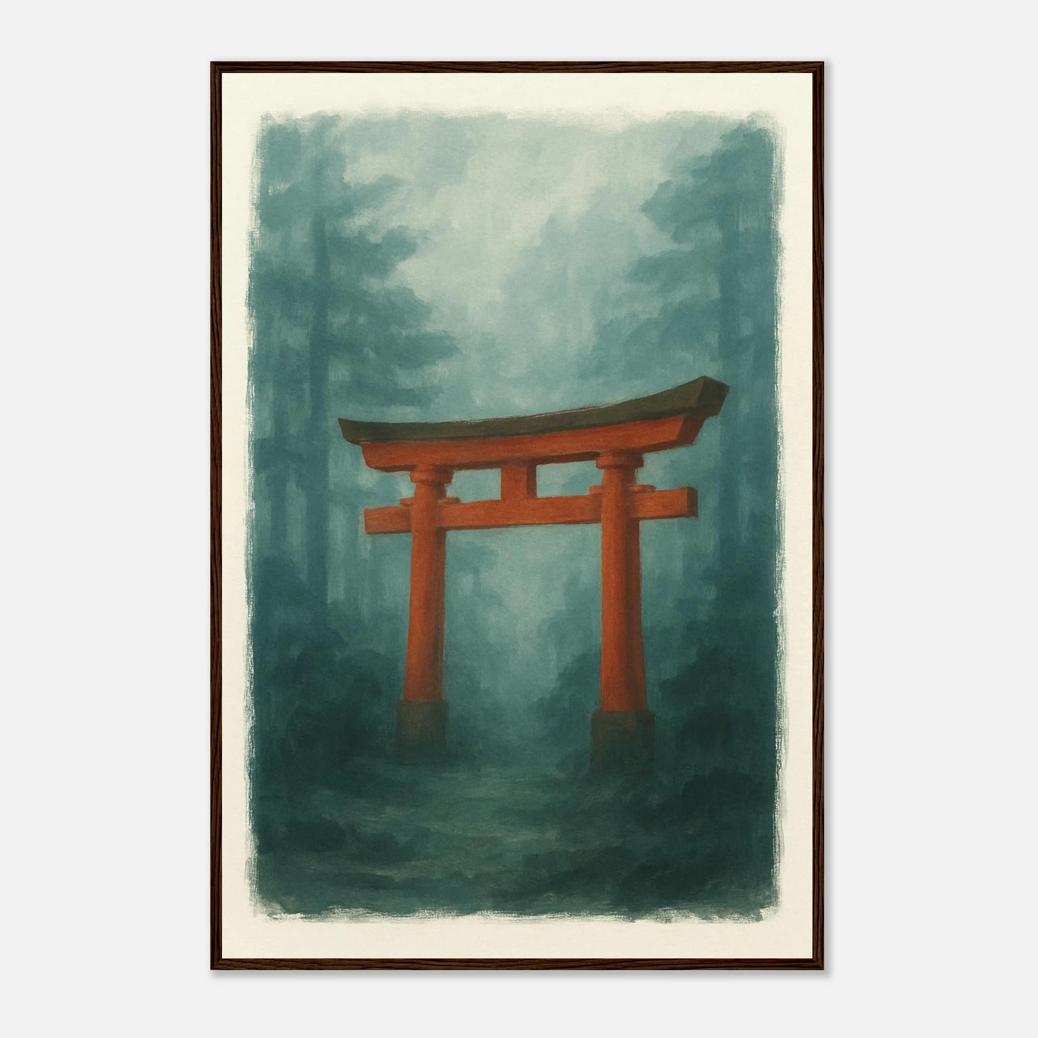 Dark wood frame 60x90 cm 24x36″ - Torii Gate in Mist – Gouache Japanese Landscape Art Print - Play By Print