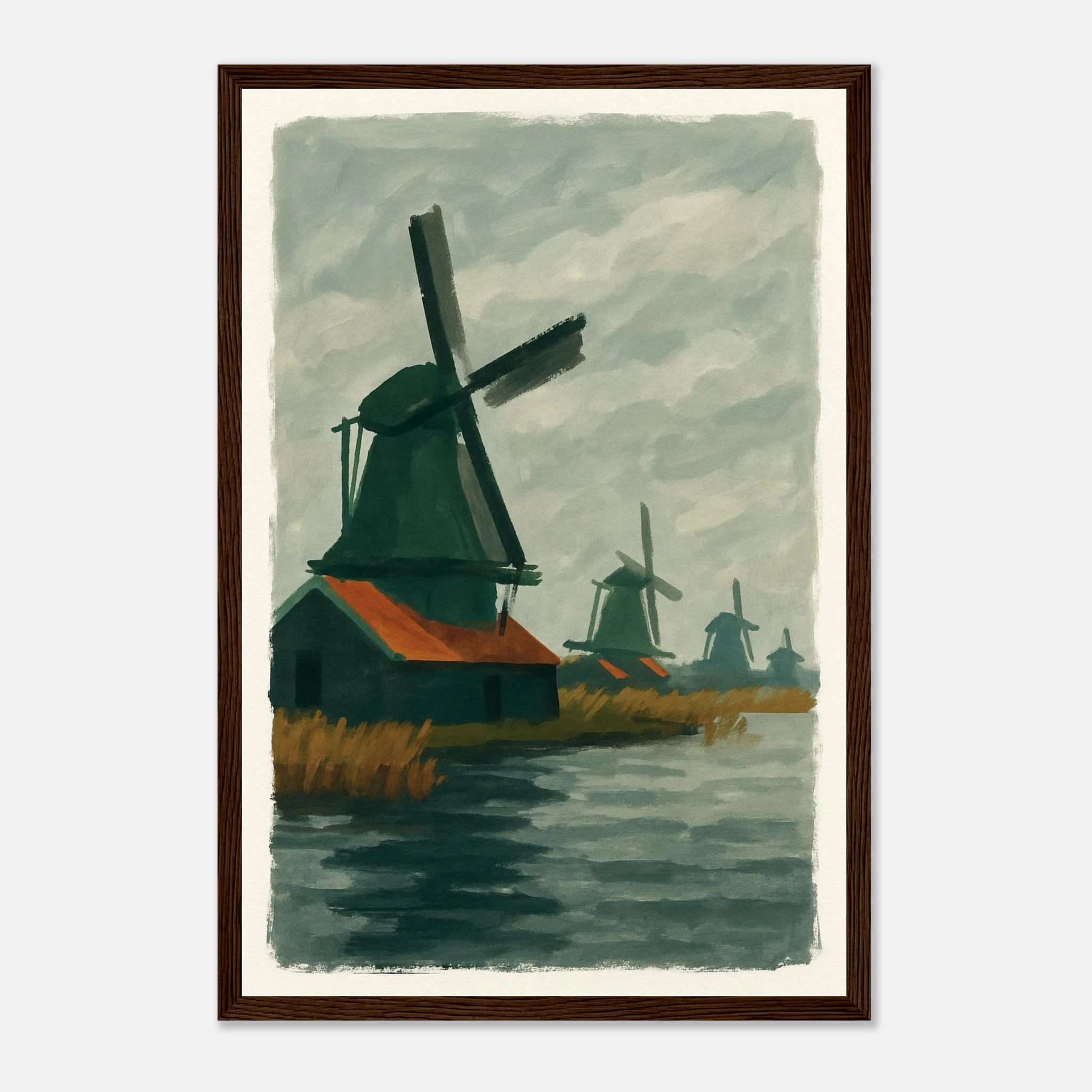 Dark wood frame 30x45 cm 12x18″ - Dutch Windmills at Zaandam – Gouache-Style Art Print - Play By Print