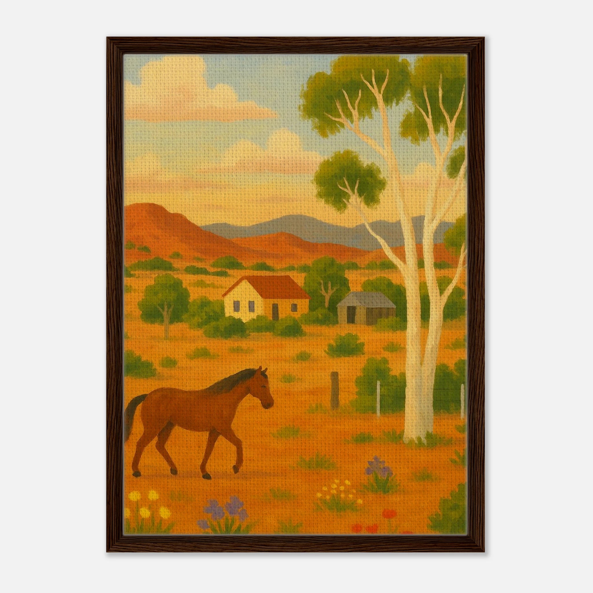 Dark wood frame 50x70 cm 20x28″ - Outback Horse & Gum Tree Canvas Wall Art - Play By Print