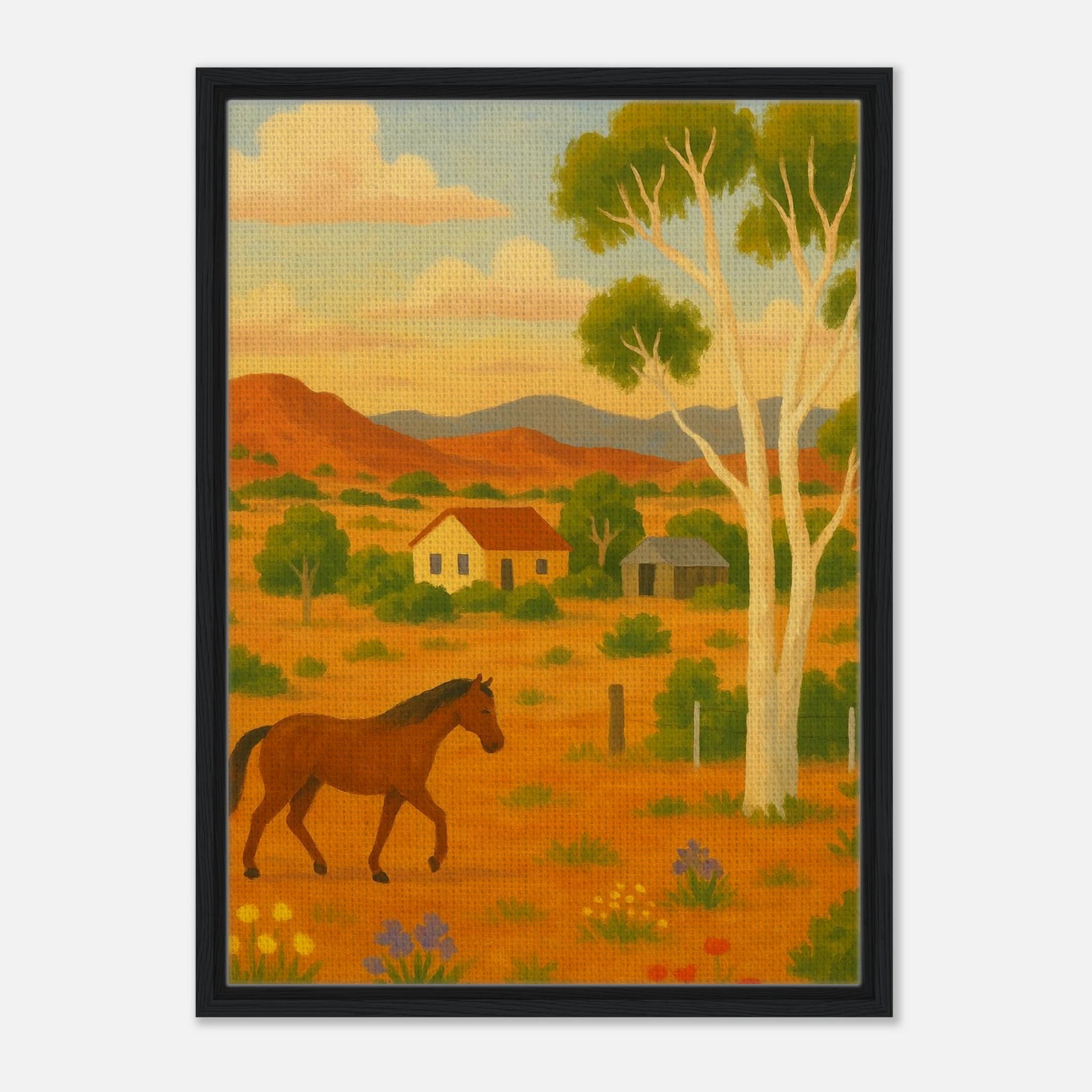 Black frame 50x70 cm 20x28″ - Outback Horse & Gum Tree Canvas Wall Art - Play By Print
