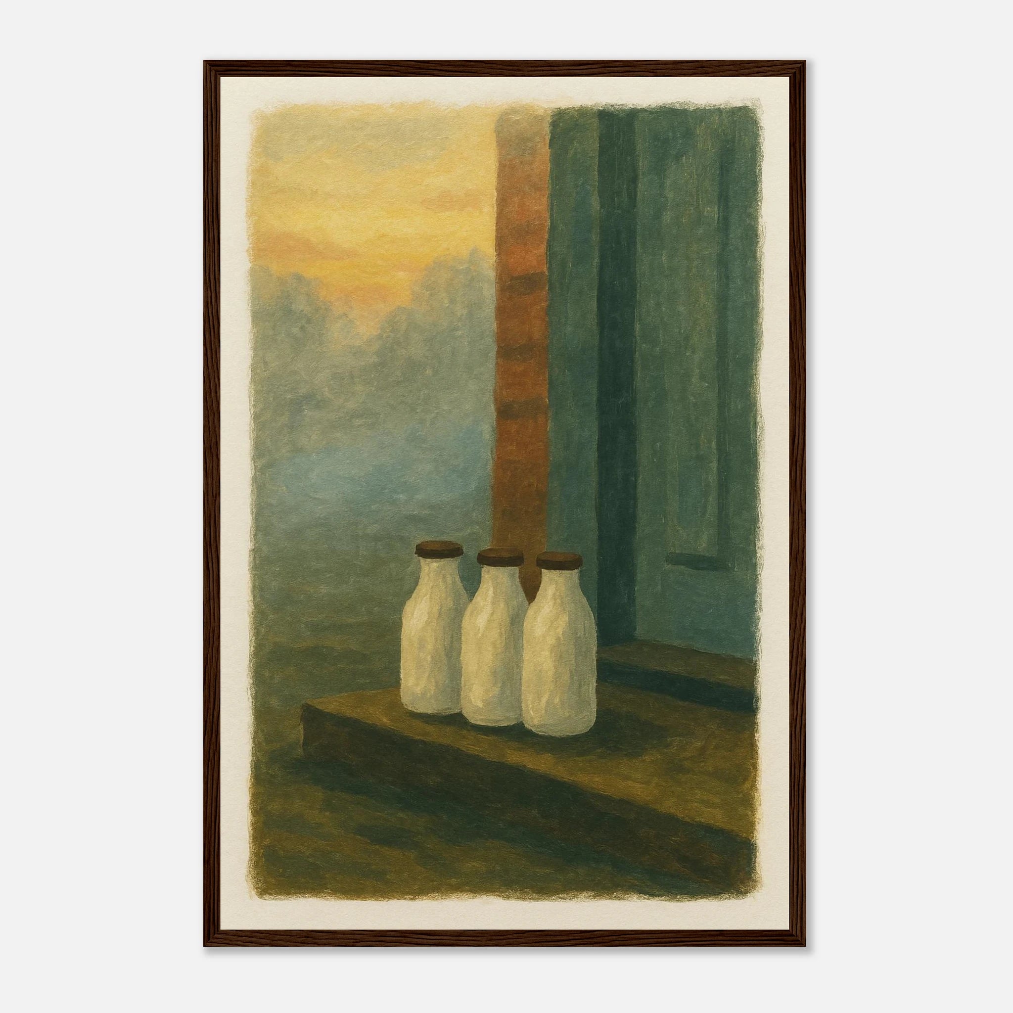 Dark wood frame 40x60 cm 16x24″ - Milk Bottles at Dawn – Gouache Still Life Art Print - Play By Print