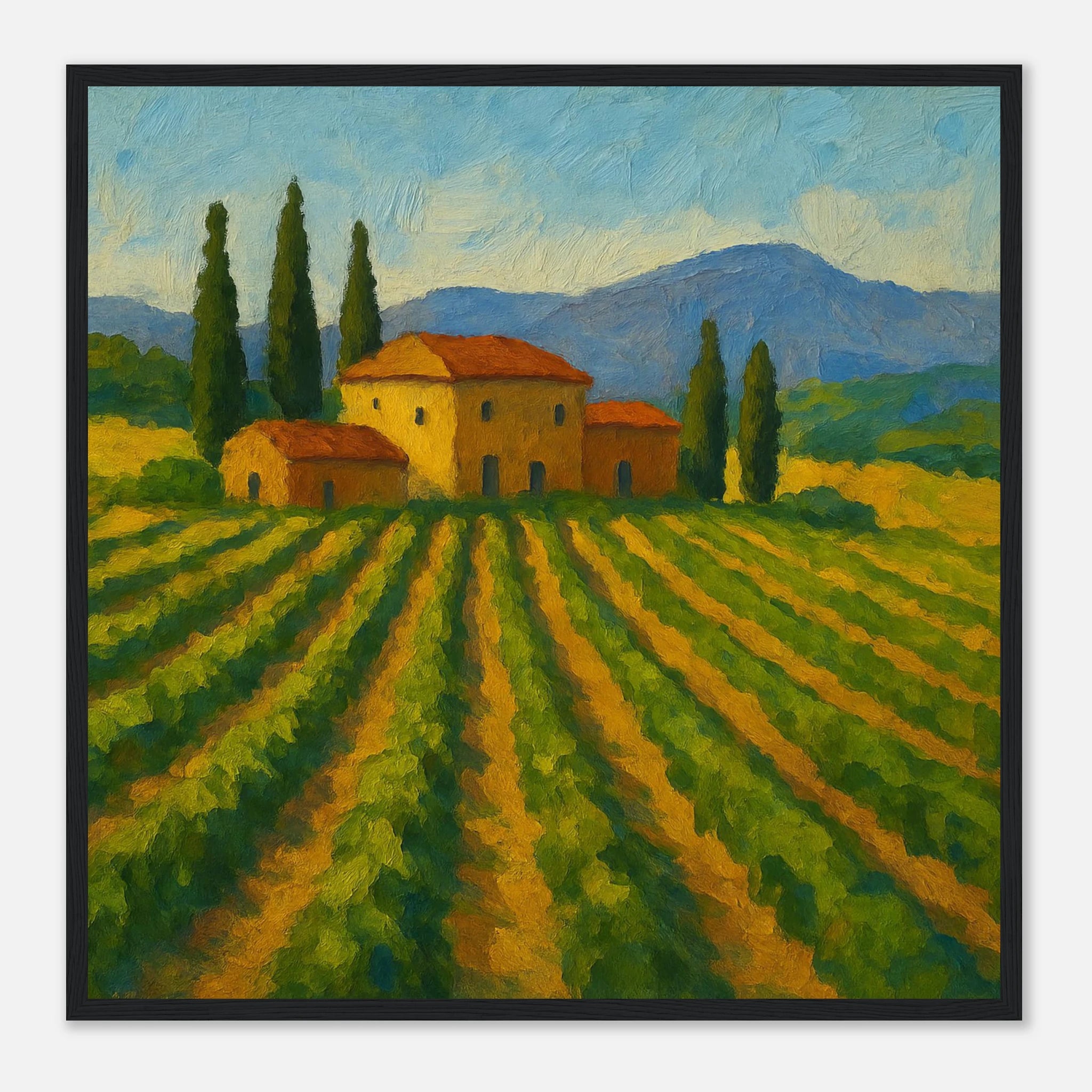 Black frame 50x50 cm 20x20″ - “Golden Rows” | Tuscany Vineyard Landscape Print - Play By Print