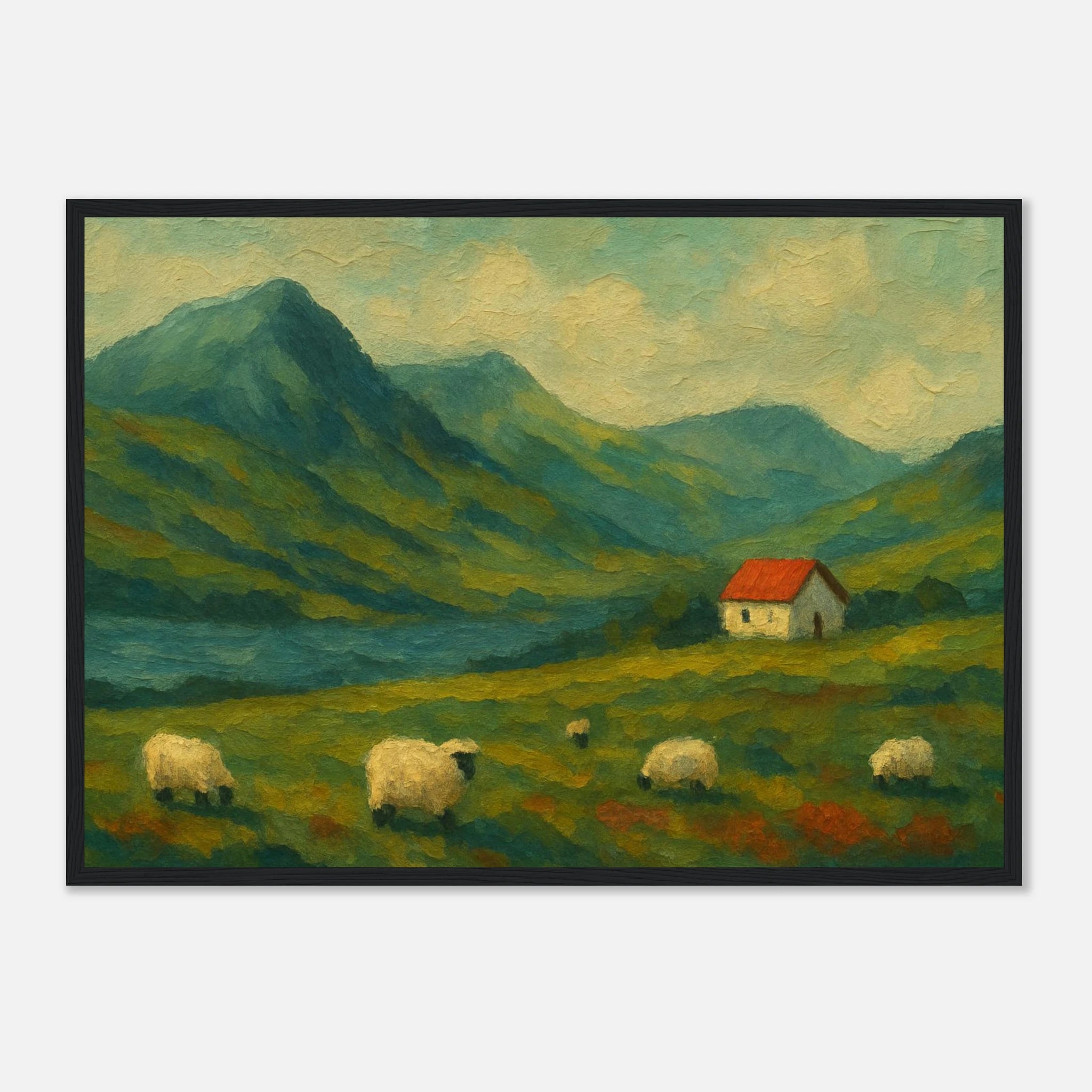 Black frame A2 (42 x 59.4 cm) - Hillside Haze – Countryside Sheep & Cottage Wall Art Print - Play By Print