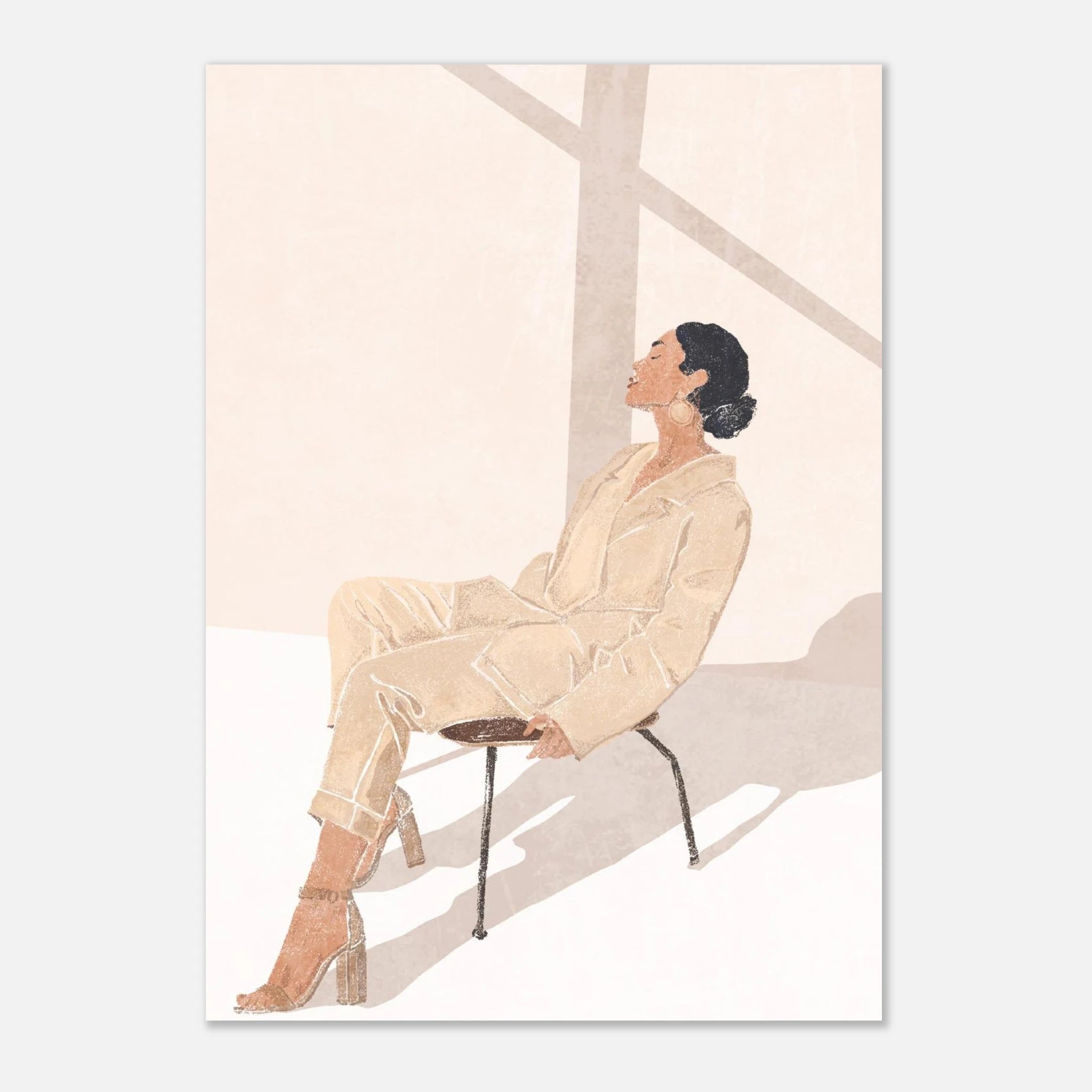 - Sunlit Muse – Minimalist Woman in Beige Outfit Wall Art Print - Play By Print