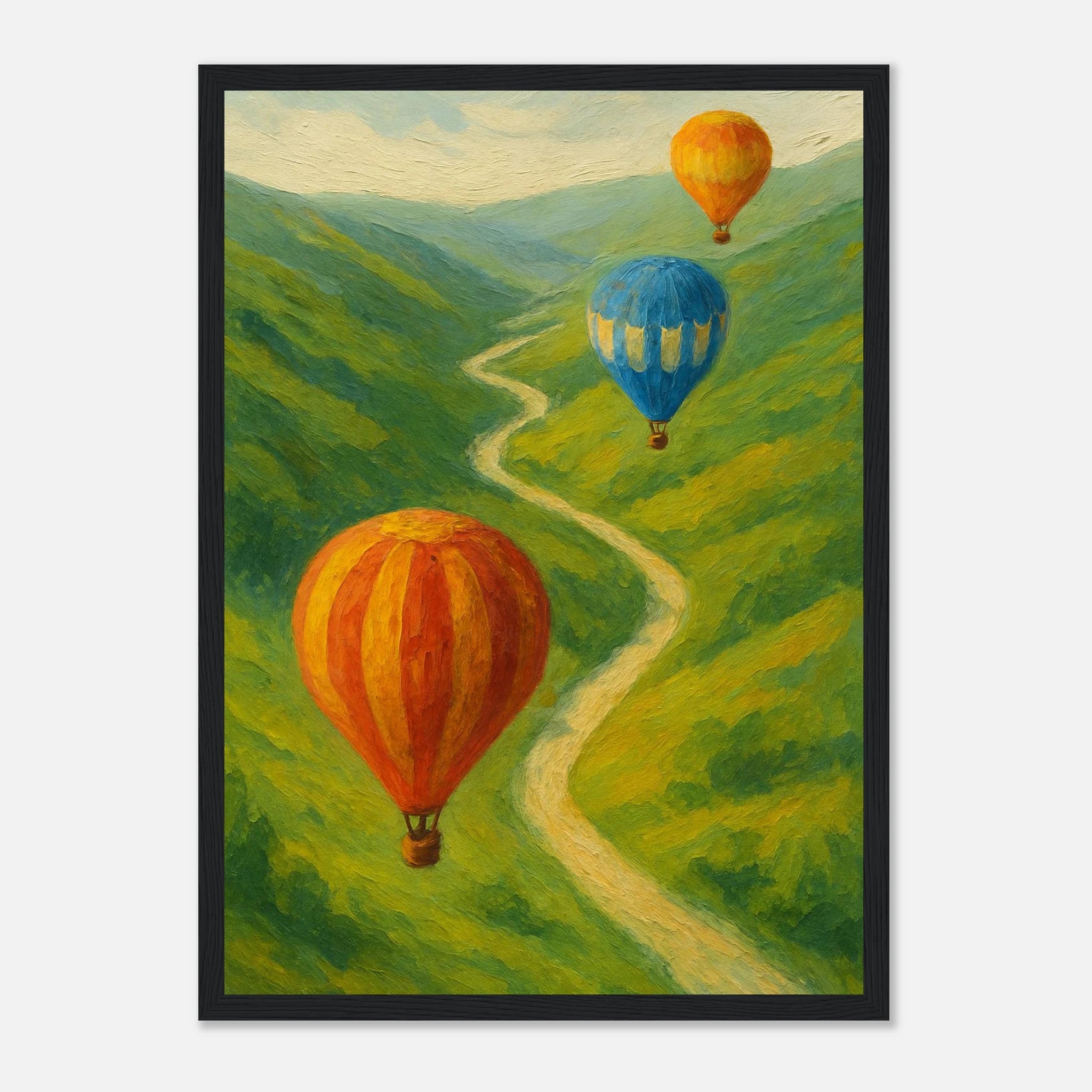 Black frame A3 (29.7 x 42 cm) - Up & Away – Hot Air Balloons Over Green Hills Wall Art Print - Play By Print