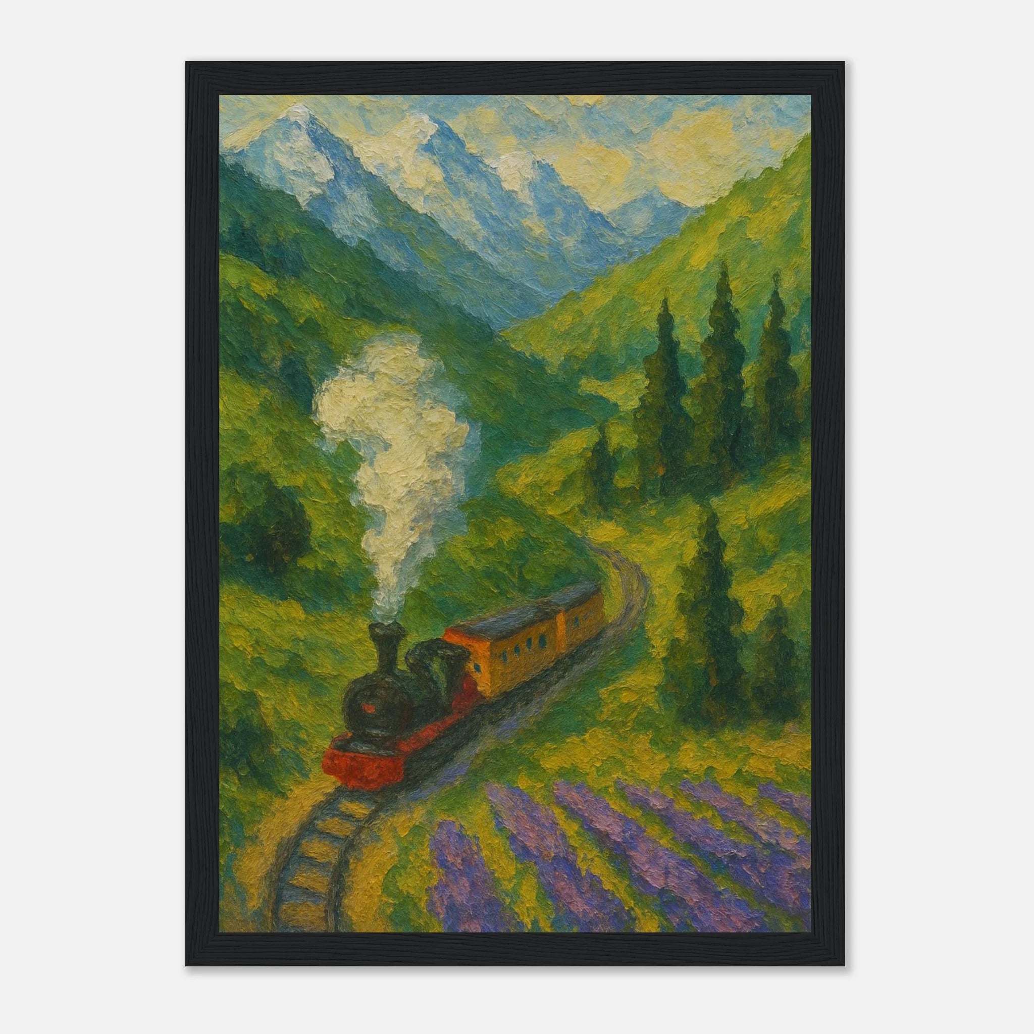 Black frame 21x29.7 cm 8x12" - Mountain Steam Train Wall Art | Textured Painterly Travel - Play By Print
