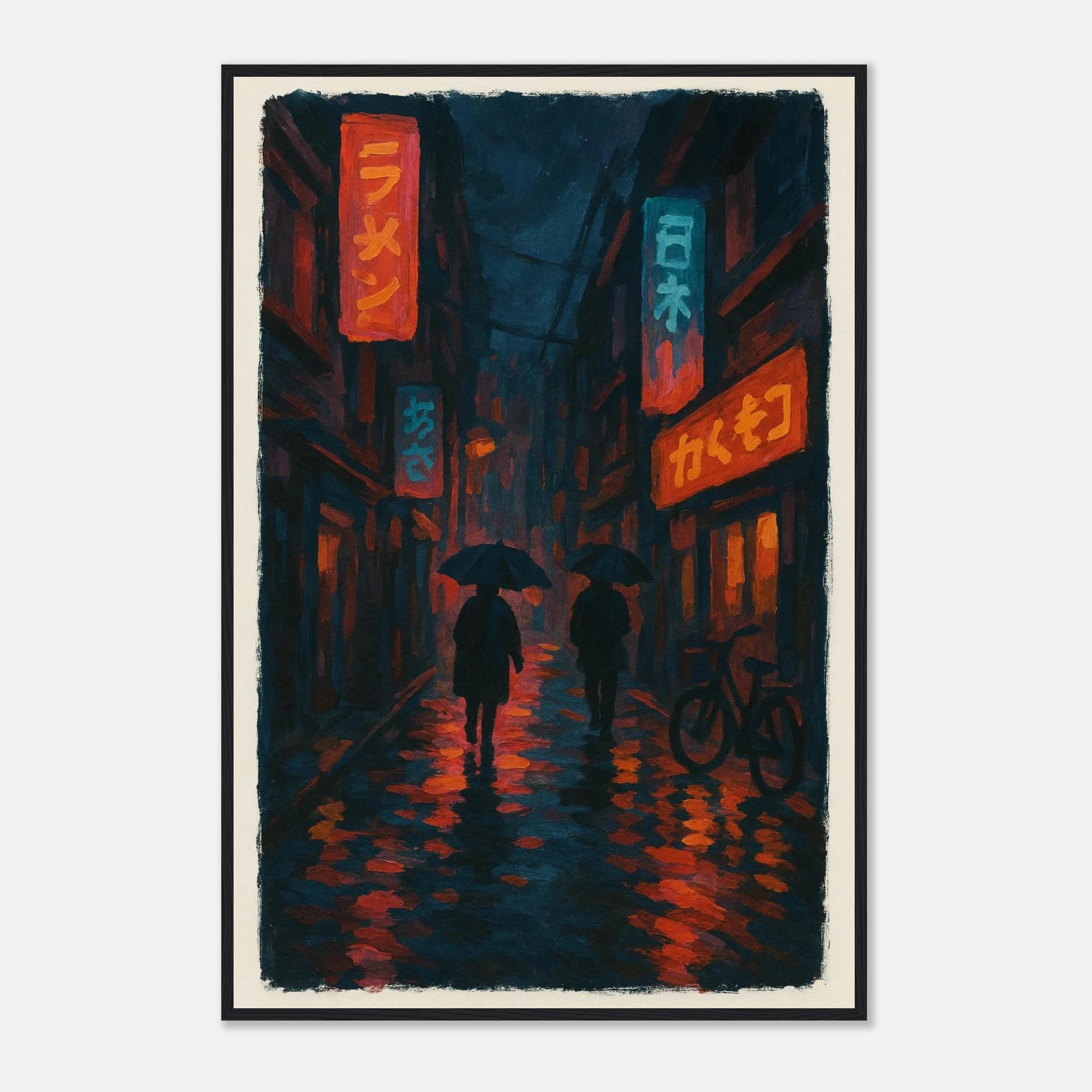 Black frame 60x90 cm 24x36″ - City Shadows – Rainy Night in Tokyo Neon Alley Print - Play By Print