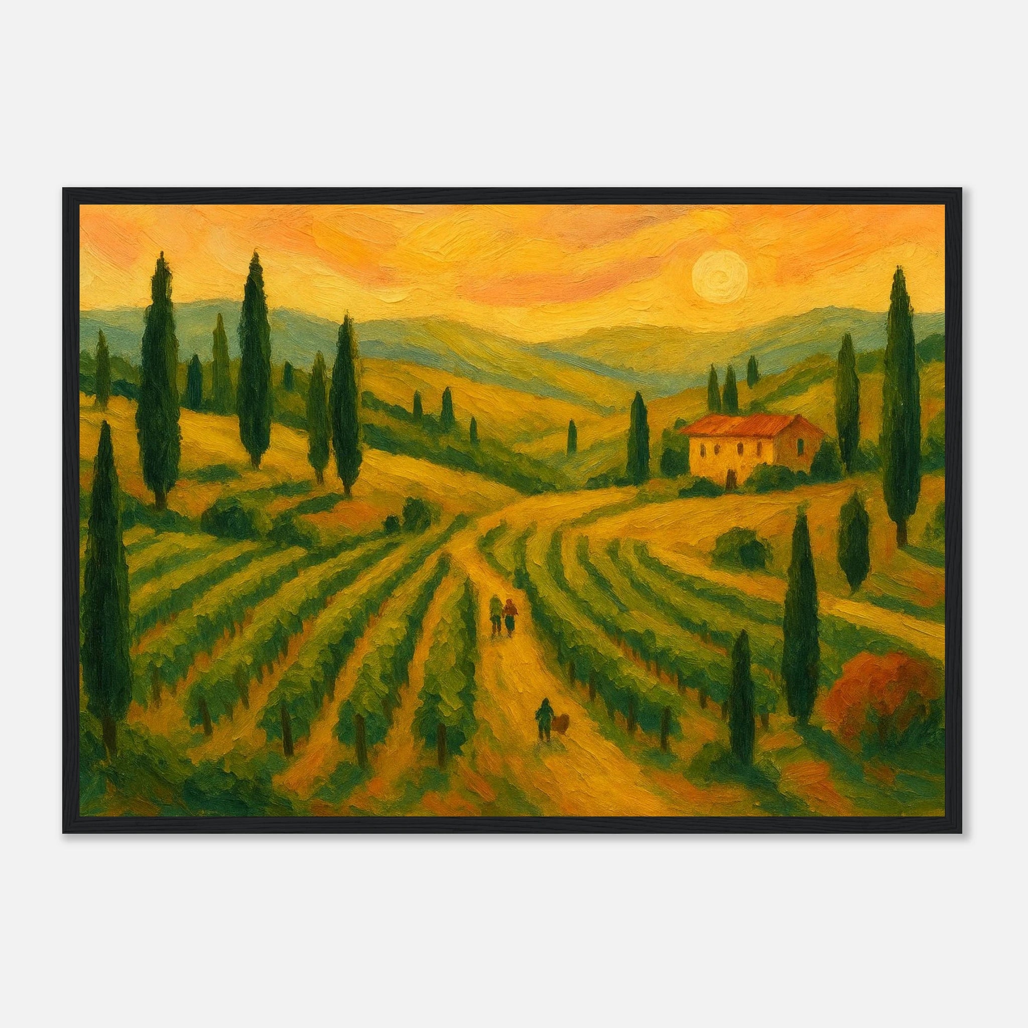 Black frame A2 (42 x 59.4 cm) - “Sunset Over Tuscany” | Golden Vineyard Landscape - Play By Print