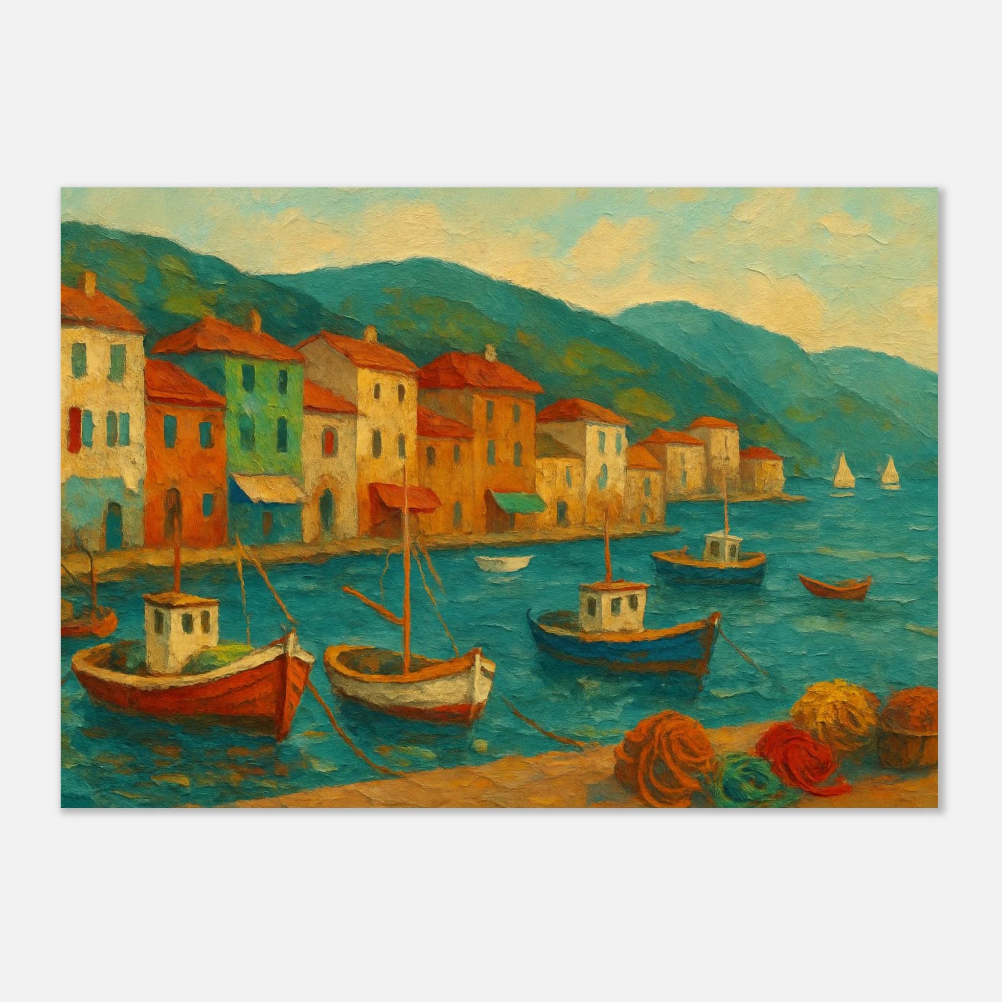 Unframed A3 (29.7 x 42 cm) - Harbour Harmony – Mediterranean Village Wall Art Print - Play By Print
