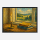Black frame A3 (29.7 x 42 cm) - “Golden Light & Quiet Pages” | Candlelit Window Still Life - Play By Print