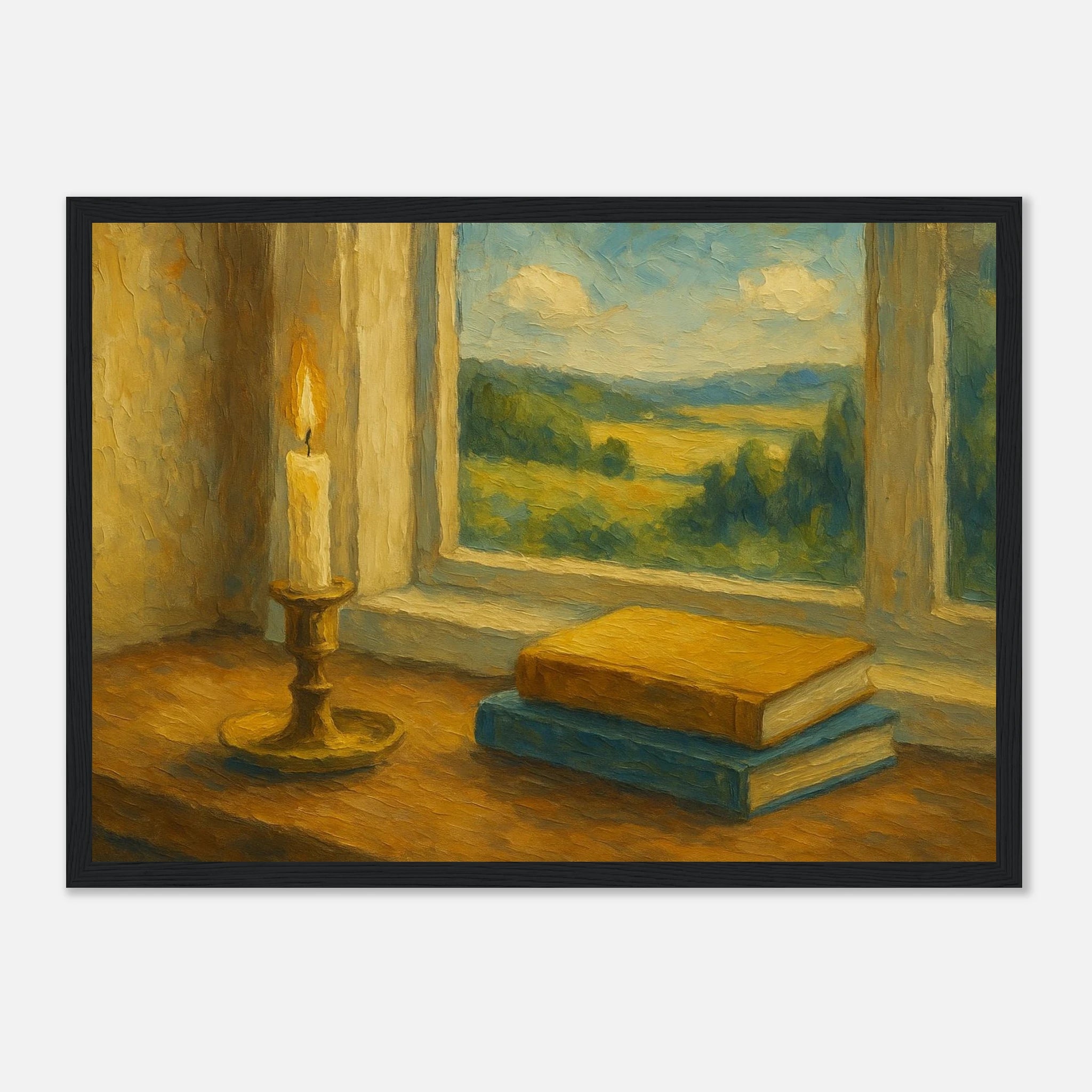 Black frame A3 (29.7 x 42 cm) - “Golden Light & Quiet Pages” | Candlelit Window Still Life - Play By Print