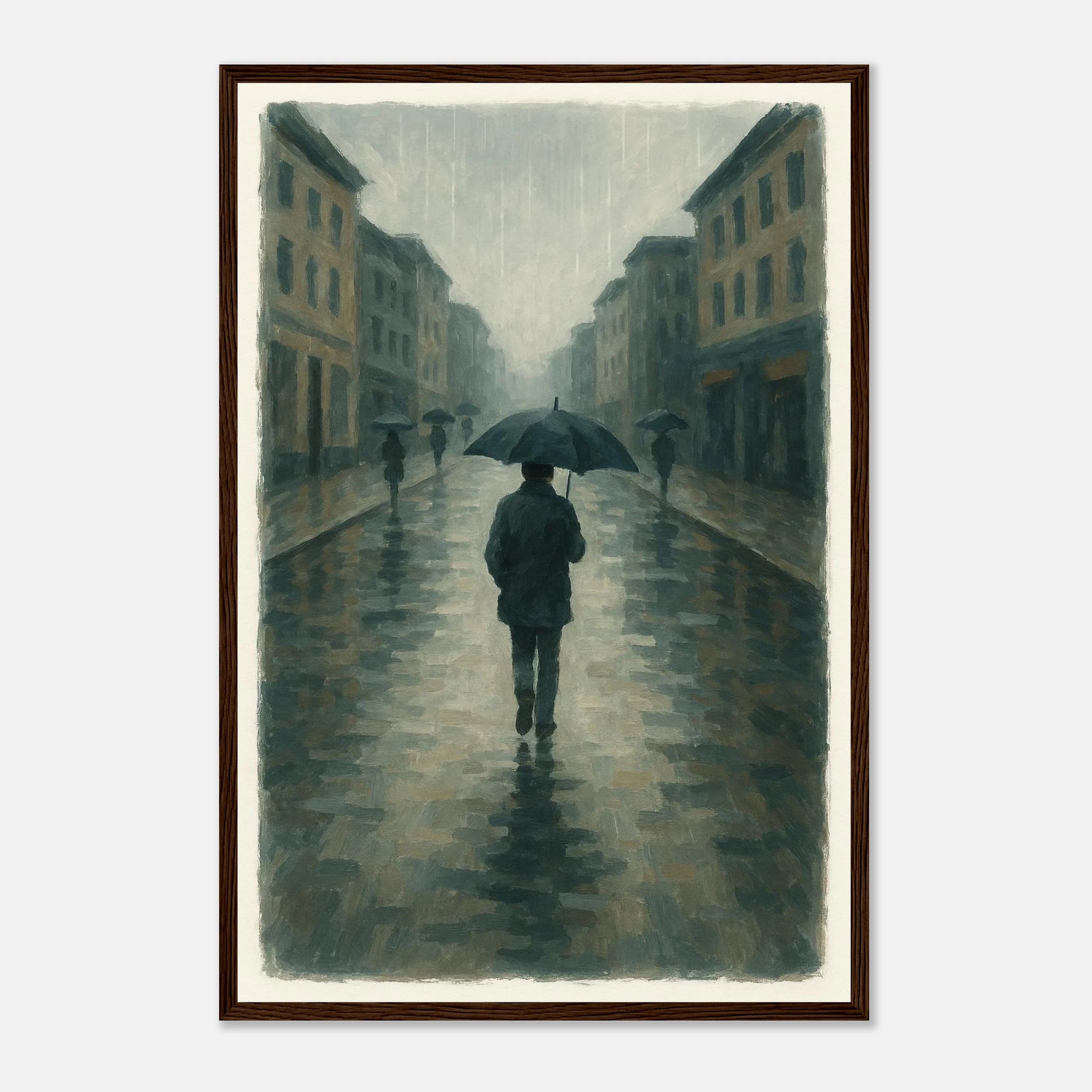 Dark wood frame 40x60 cm 16x24″ - Rainy City Walk – Gouache-Style Art Print - Play By Print
