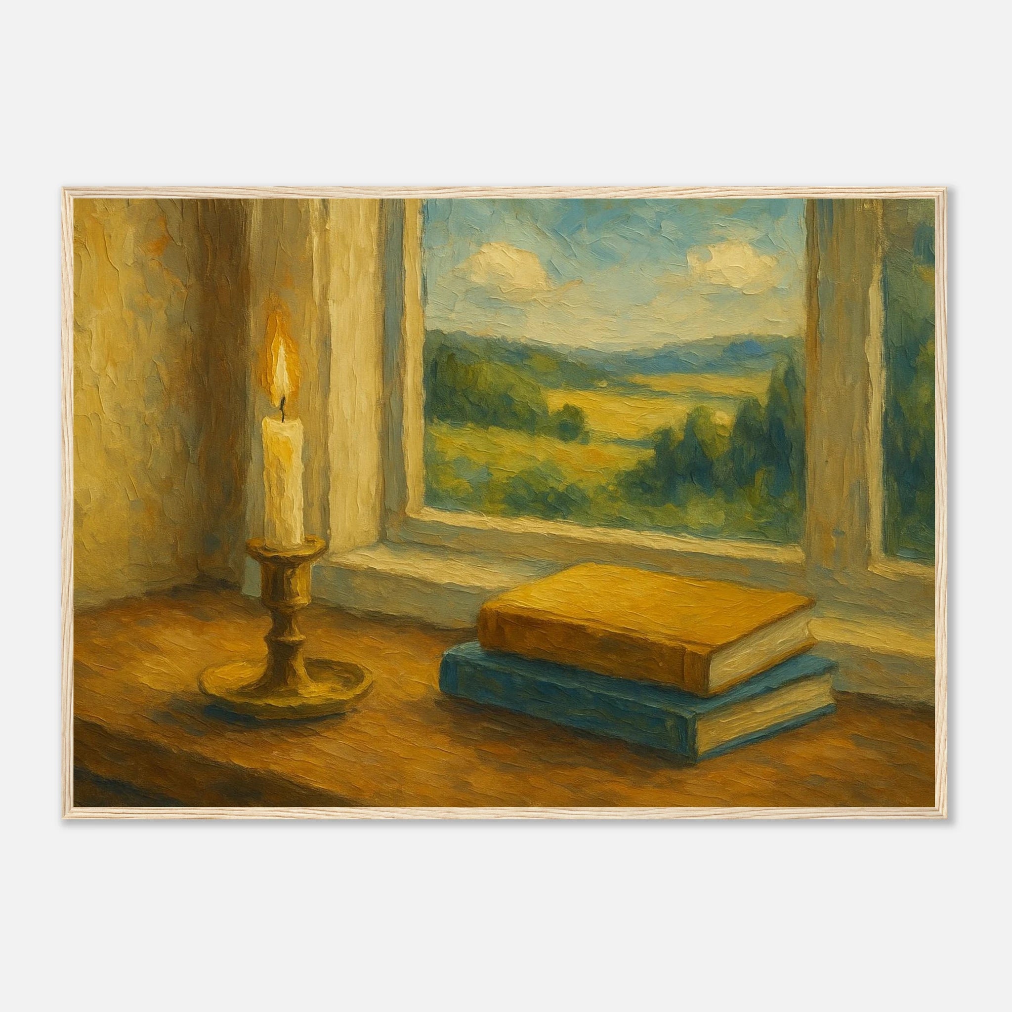Wood frame A1 (59.4 x 84.1 cm) - “Golden Light & Quiet Pages” | Candlelit Window Still Life - Play By Print