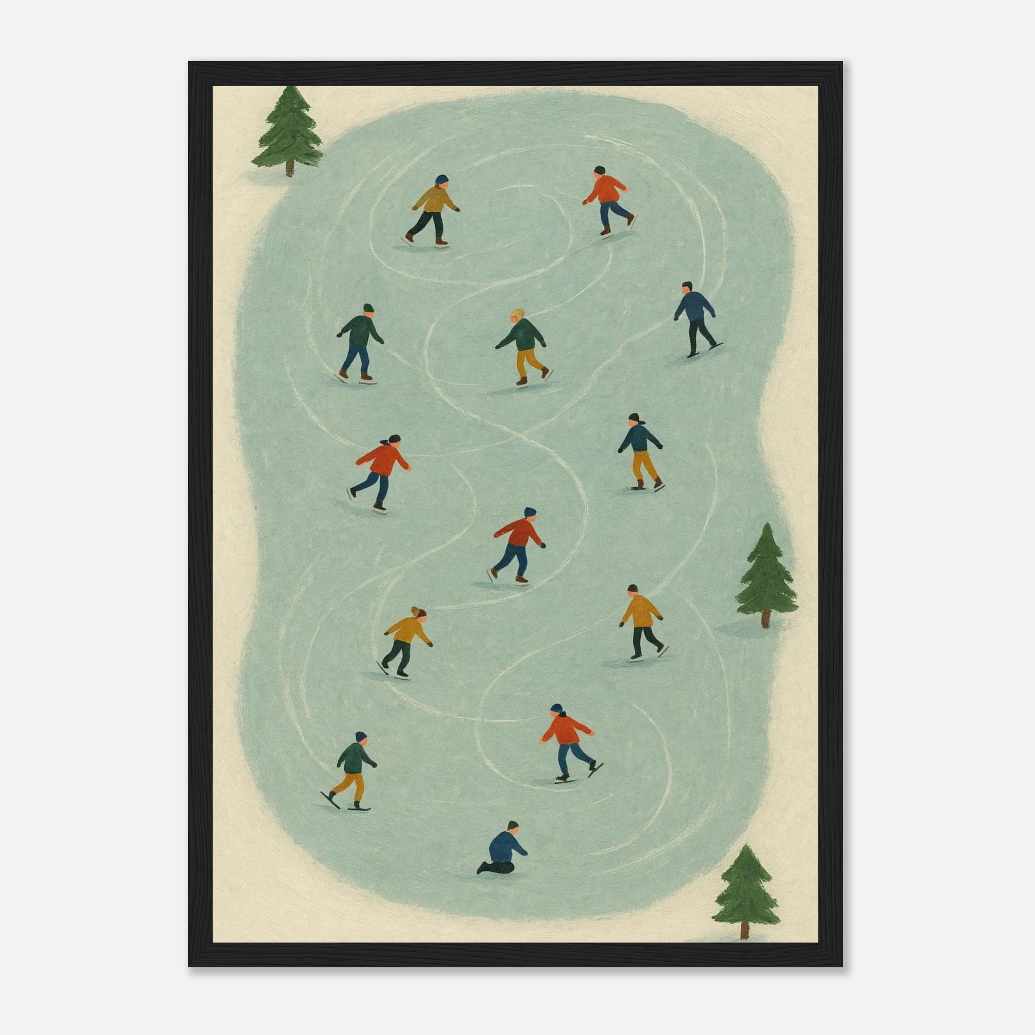 Black frame A3 (29.7 x 42 cm) - Winter Ice Skating Print | Whimsical Folk Art Style - Play By Print