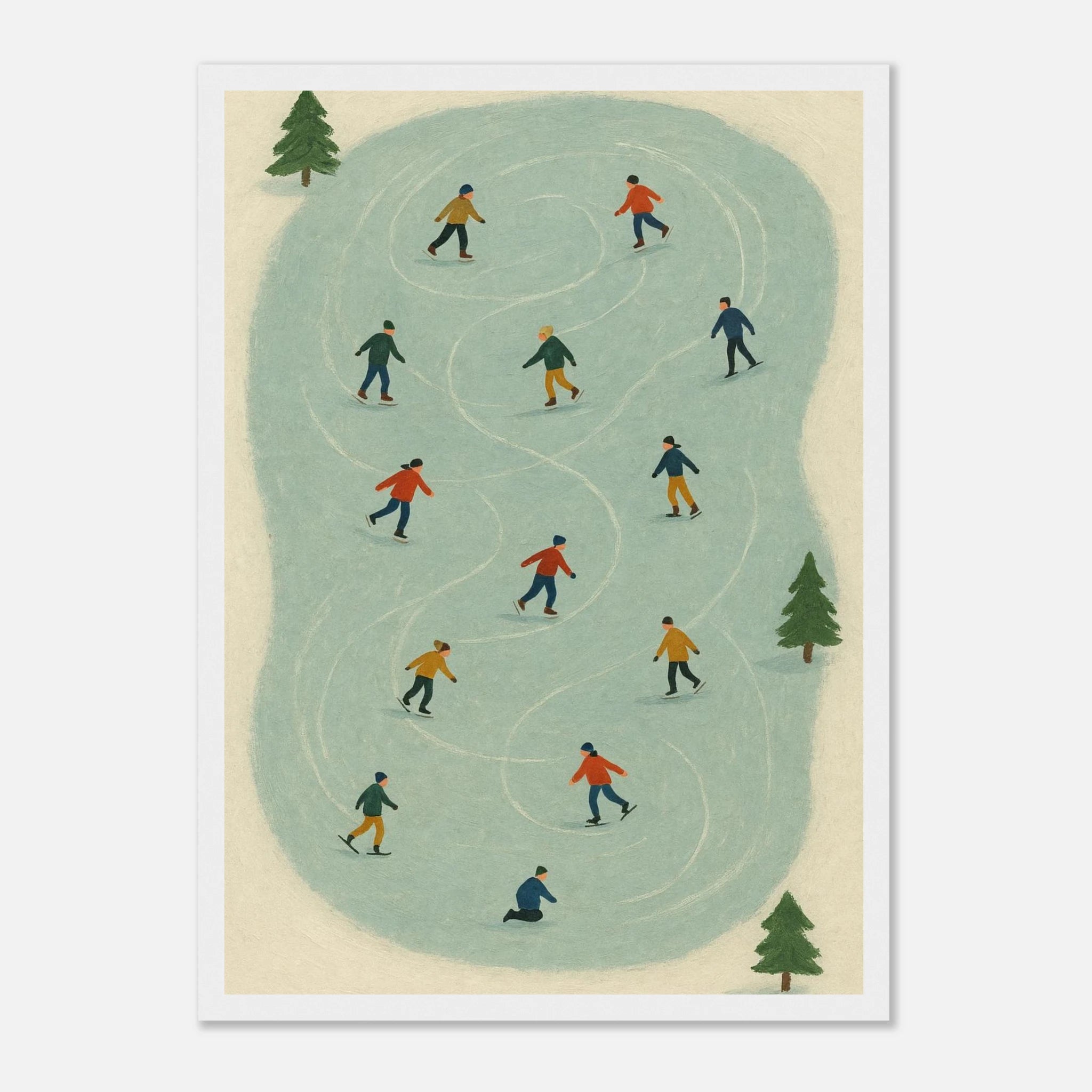 White frame A3 (29.7 x 42 cm) - Winter Ice Skating Print | Whimsical Folk Art Style - Play By Print